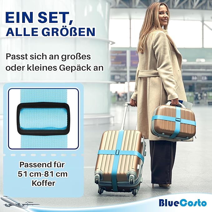 Luggage Straps for Suitcases - TSA Approved - Blue, 20 PK - Bulk Multipack Premium Nylon Belts for Suitcase, Briefcase & Travel Bag - Adjustable Strap Length 46" - 78"