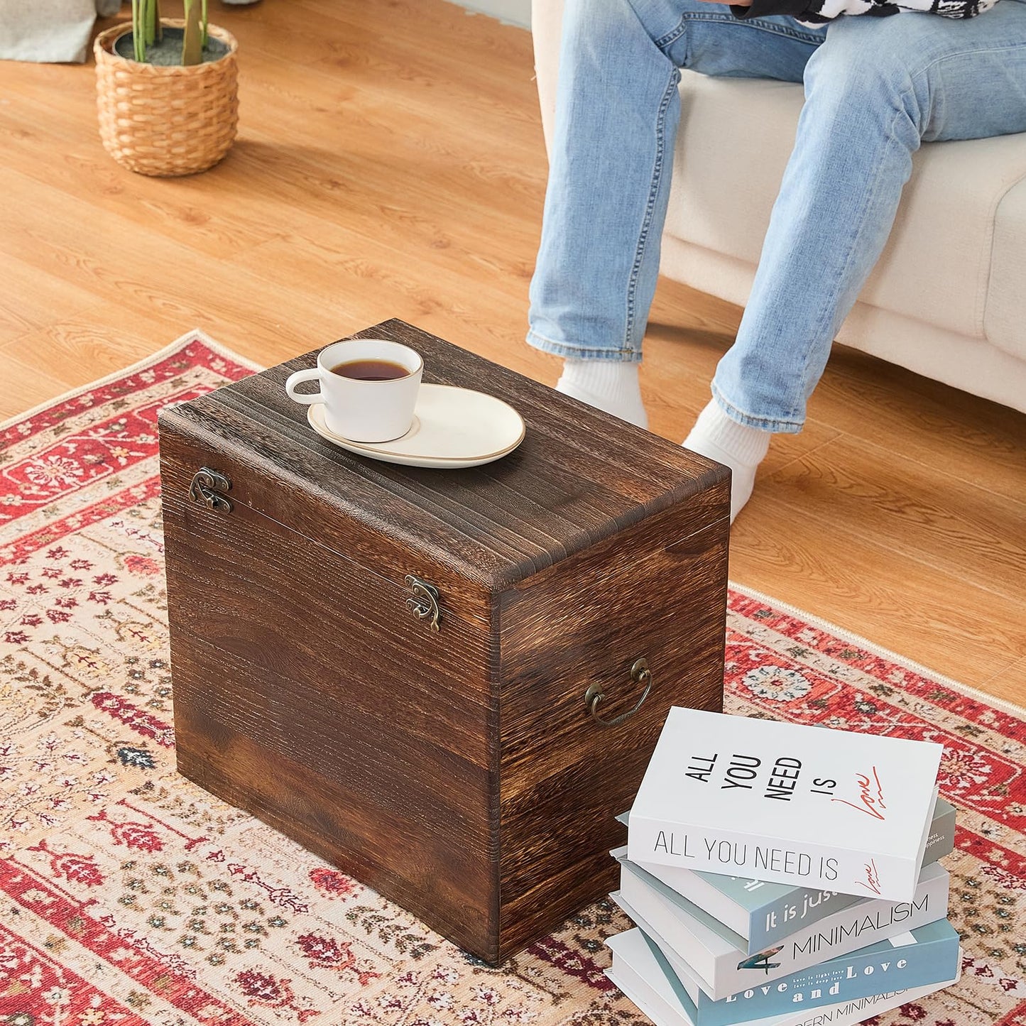 GZQWDC Wooden Storage Chest,Rustic Trunk Box,Storage Box for Living Room, Bedroom, Entryway,Dark Brown (S)