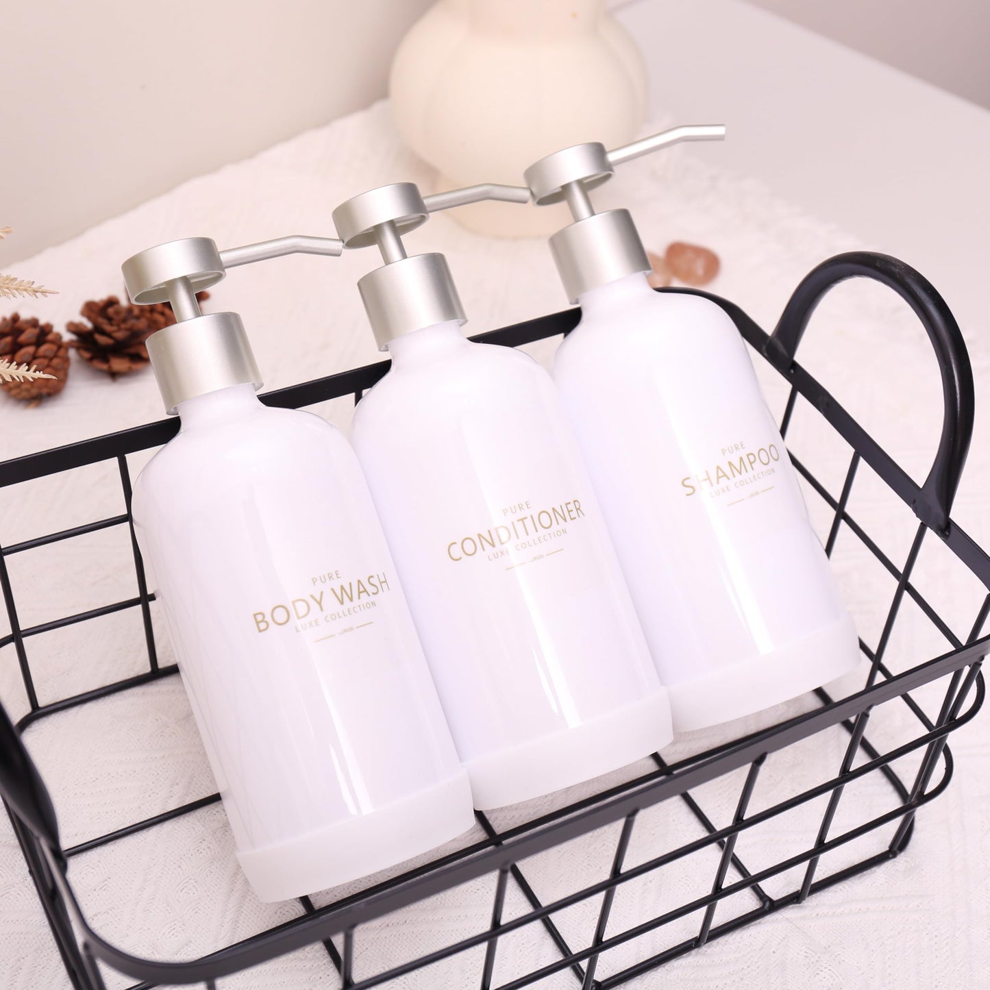 Janxin Shampoo and Conditioner Dispenser Set of 3,Refillable 21oz Shampoo Bottles with Non-Slip Protective Silicone Pad,Shower Soap Dispenser with Waterproof Labels for Bathroom (White)