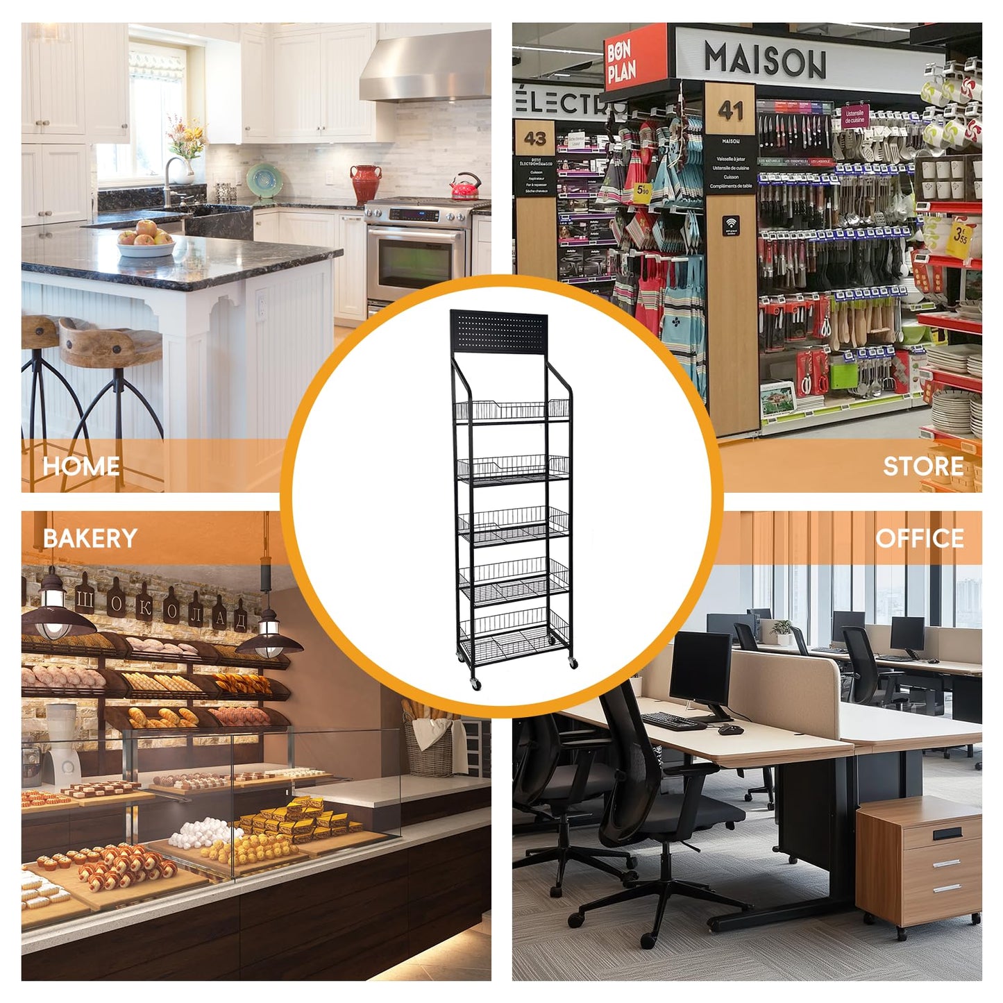 TONGMO 5 Tier Snack Rack Display Stand - Retail Display Shelves with Top Pegboard, 15 Hooks, Bakery Display Rack on Wheels for Easy Mobility and Organization (Black, 5‑Tier)