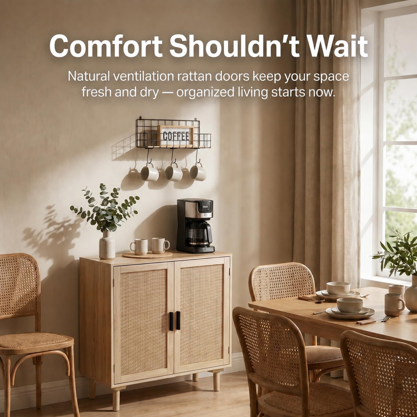 Finnhomy Sideboard Buffet Cabinet, Kitchen Storage Sideboard with Rattan Decorated Doors, Liquor Coffee Buffet, Dining Room, Hallway, Console Table, Accent Cabinet, 31.5X 15.8X 34.6 Inches, Natural