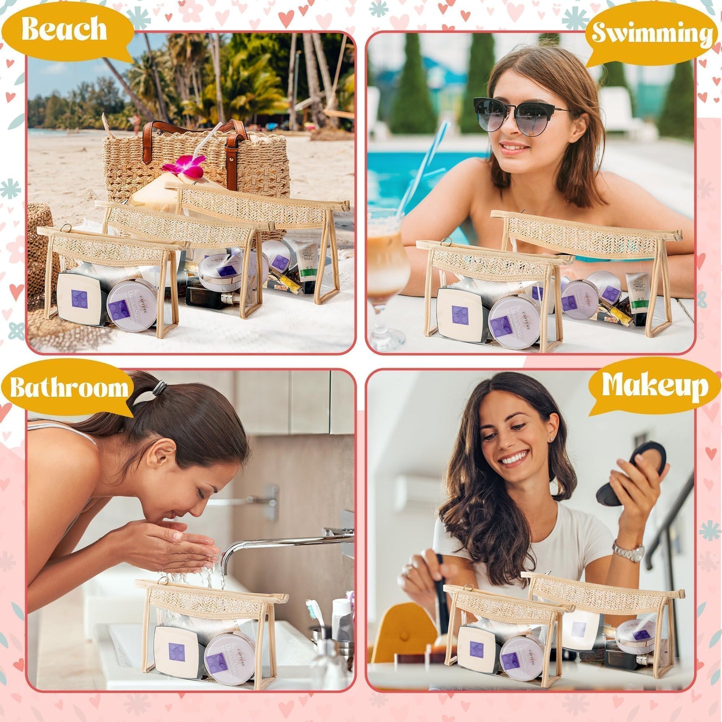 Belanttega Boho Patch Cosmetic Bag - 3Pcs Summer Toiletry Bag Beige Clear Waterproof Travel Makeup Bag PVC Zipper Clutch Daily Use Purse Summer Beach Gifts for Women Girls (Clear Cosmetic Bag)