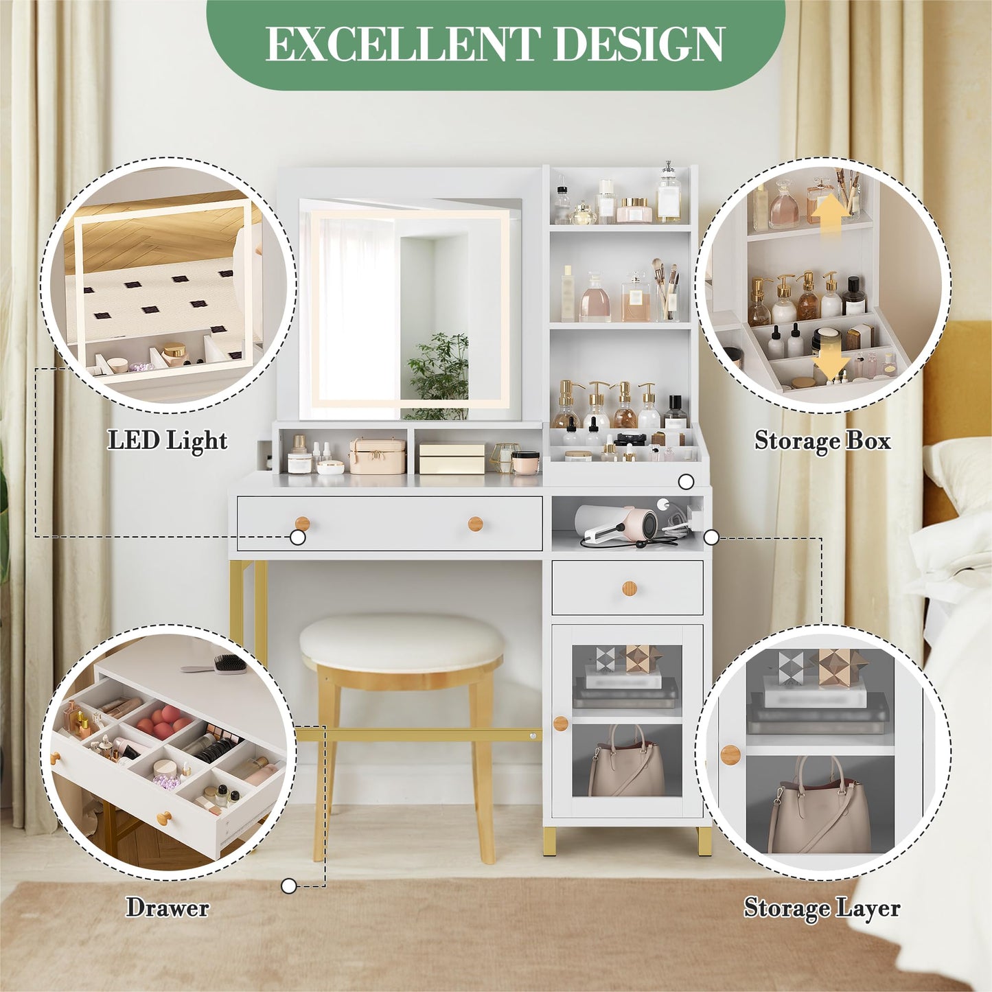 Garvee Vanity Desk with Lighted Mirror Adjustable Brightness & Power Outlet, Makeup Vanity Table with 2 Drawers and Shelves, White and Gold Vanity, Dressing Table for Women & Girls