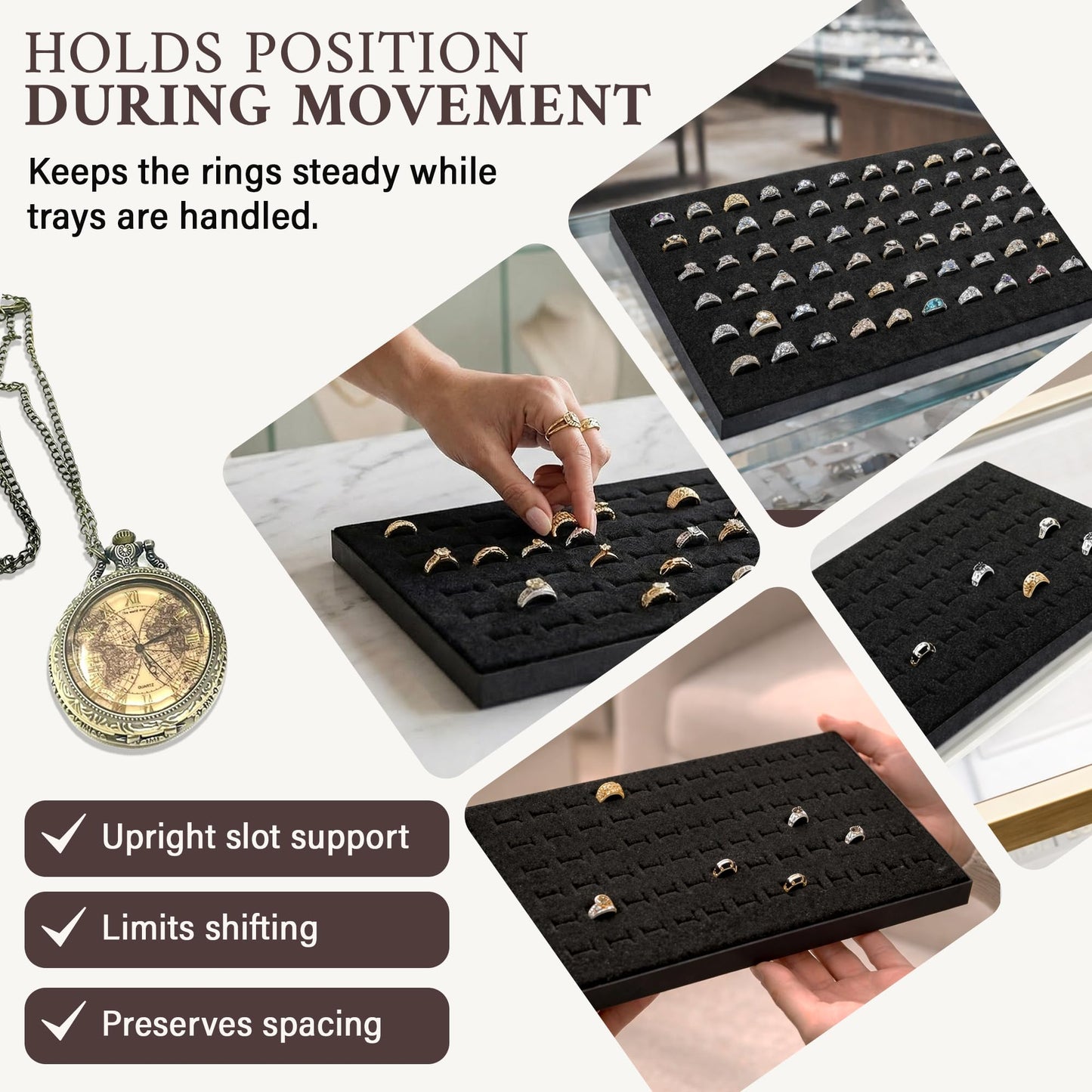 RJ Displays 72 Slot Black Ring Display Inserts for standard Jewelry tray size 14 1/4" x 7 3/4" x 1/2" Inch for Showcase, Counter top display. Micro Fiber polishing cloth included (Black, 2 Pack)