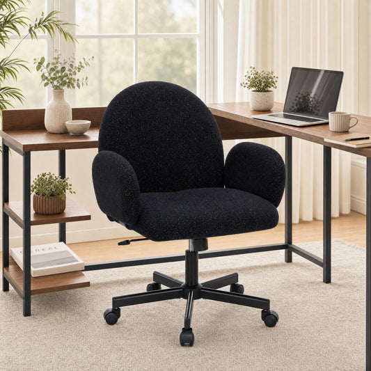 XYPFURN Home Office Desk Chair with Petal Backrest, Starry Chenille Cute Swivel Vanity Chair Adjustable Height, Comfy Upholstered Computer Chair with Wheels for Bedroom Living Room Makeup (Black)