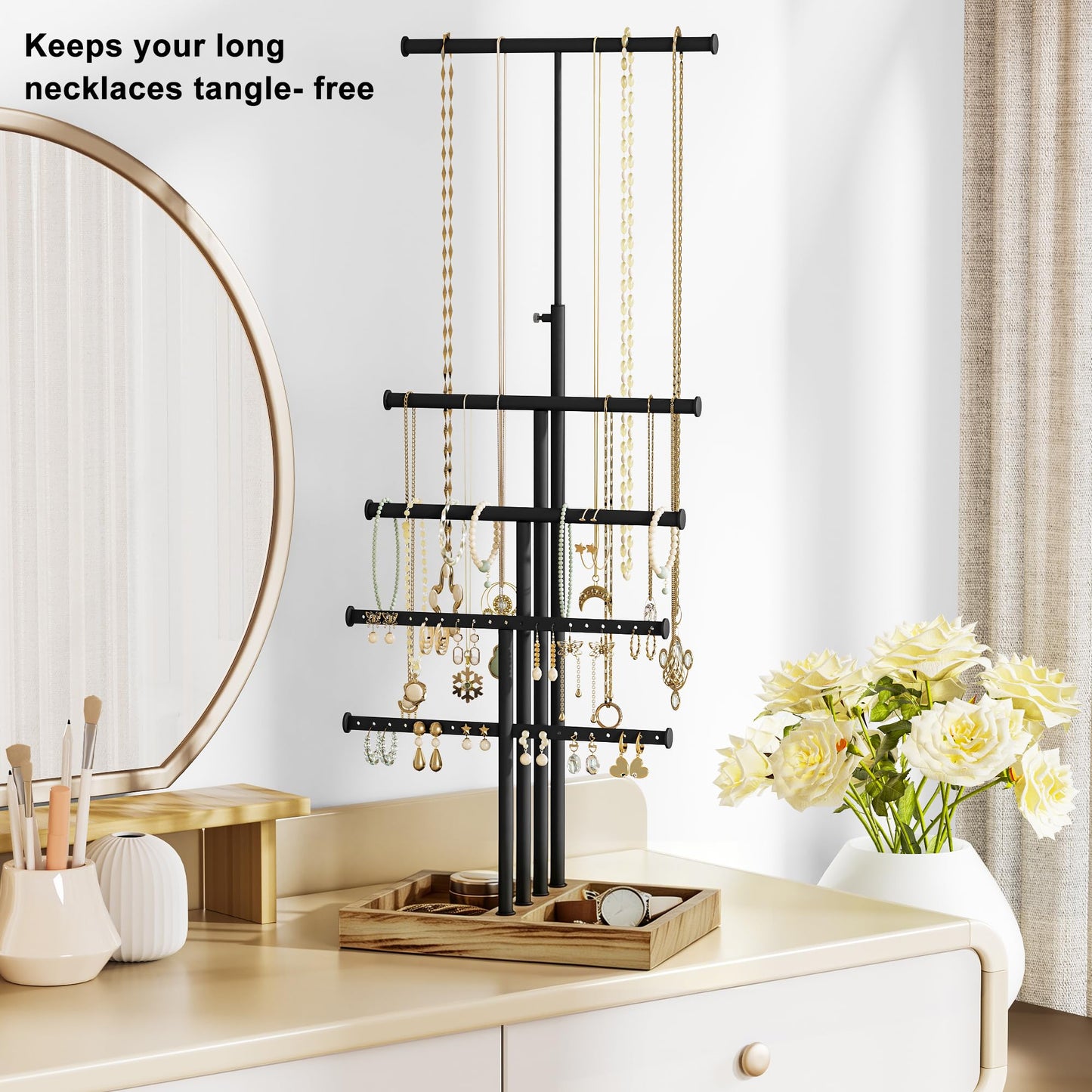 Love-KANKEI Jewelry Organizer Stand, 5 Tier Large Necklace Holder with Wood Base, Jewelry holder stand Tree for Display, Bracelets Earrings Rings, Height Adjustable Gift Carbonized Black & Black