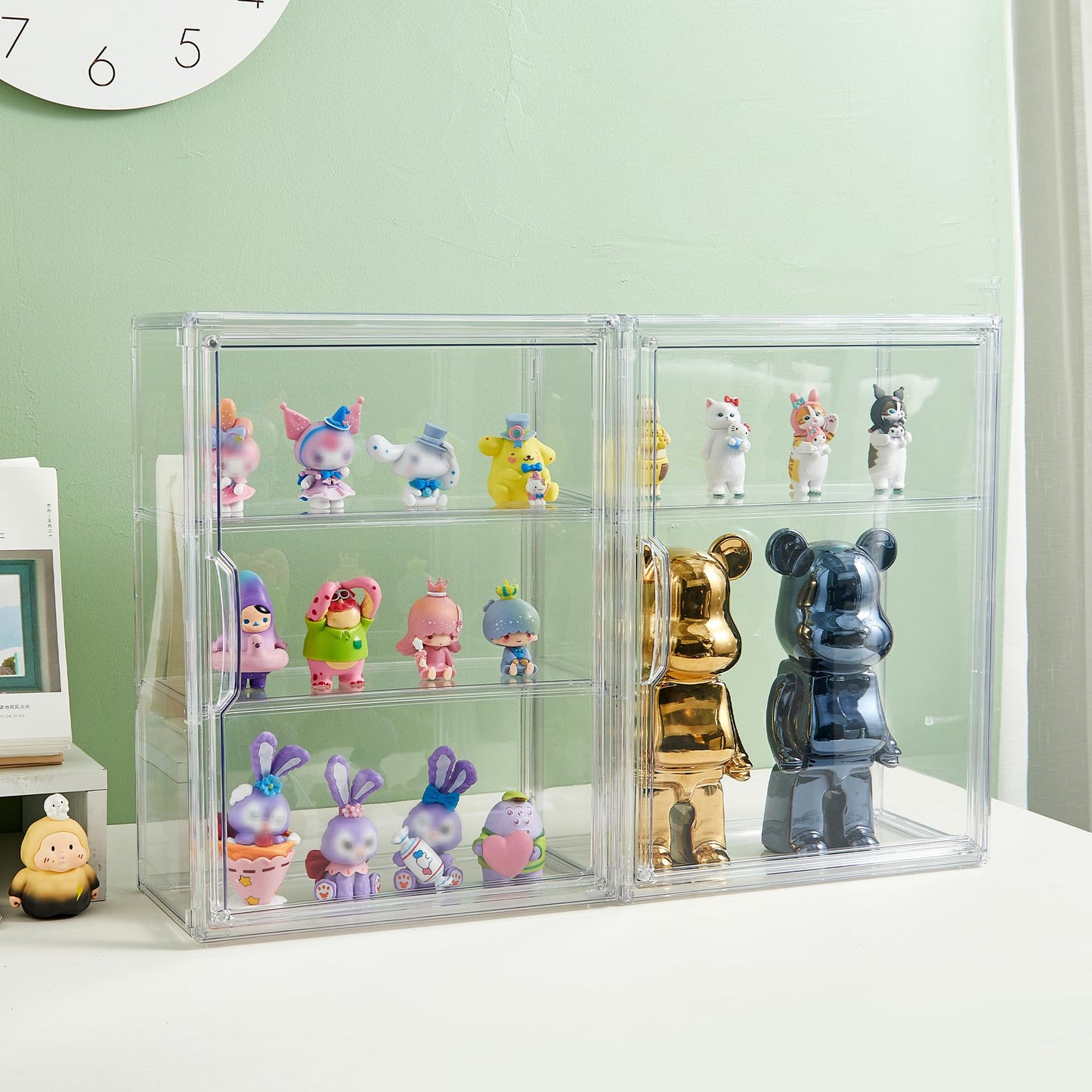 Acrylic Display Case for Collectibles 3 Tier Wall-Mounted Display Case with 2 Movable Plates Clear Display Cases for Figures with Magnetic Door Tall Display Box, 2 Pack