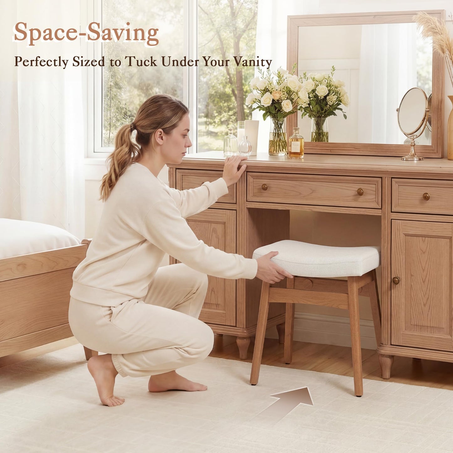 LUE BONA Solid Wood Vanity Bench Stool, 17.3" H Ergonomic Saddle Stool, 2'' Sick Upholstered Vanity Chair for Makeup Room, Bedroom & Bathroom, 300lbs, Beige