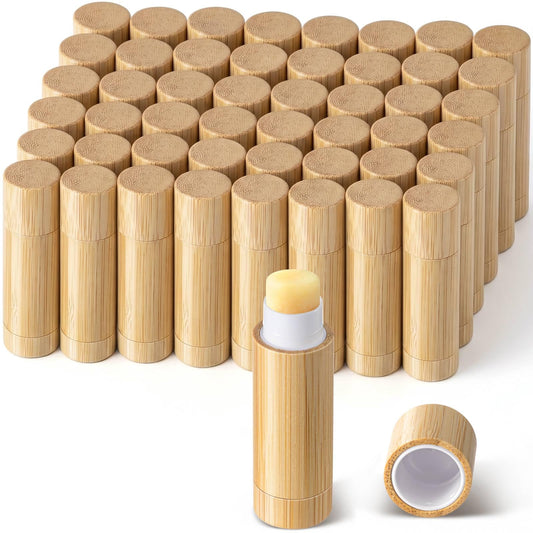 Leinuosen 48 Pcs Bamboo Empty Lipstick Tubes, Refillable 5g Lip Balm Containers with Rotable Plastic Inner for Women Girl DIY Cosmetic Lip Gloss Tubes for Lipstick, Deodorant, Solid Perfume, Makeup