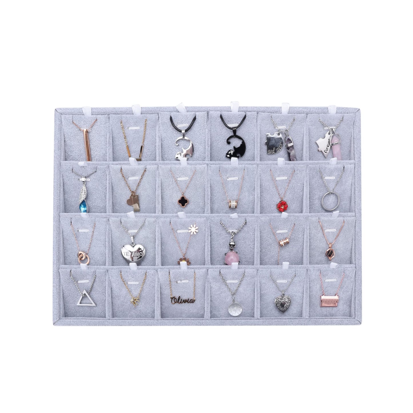 Mornajina 24 Grids Stackable Jewelry Tray Organizer with Removable Dividers, Velvet Jewelry Display Tray for Earrings Necklaces Bracelet Rings Display Showcase - Grey
