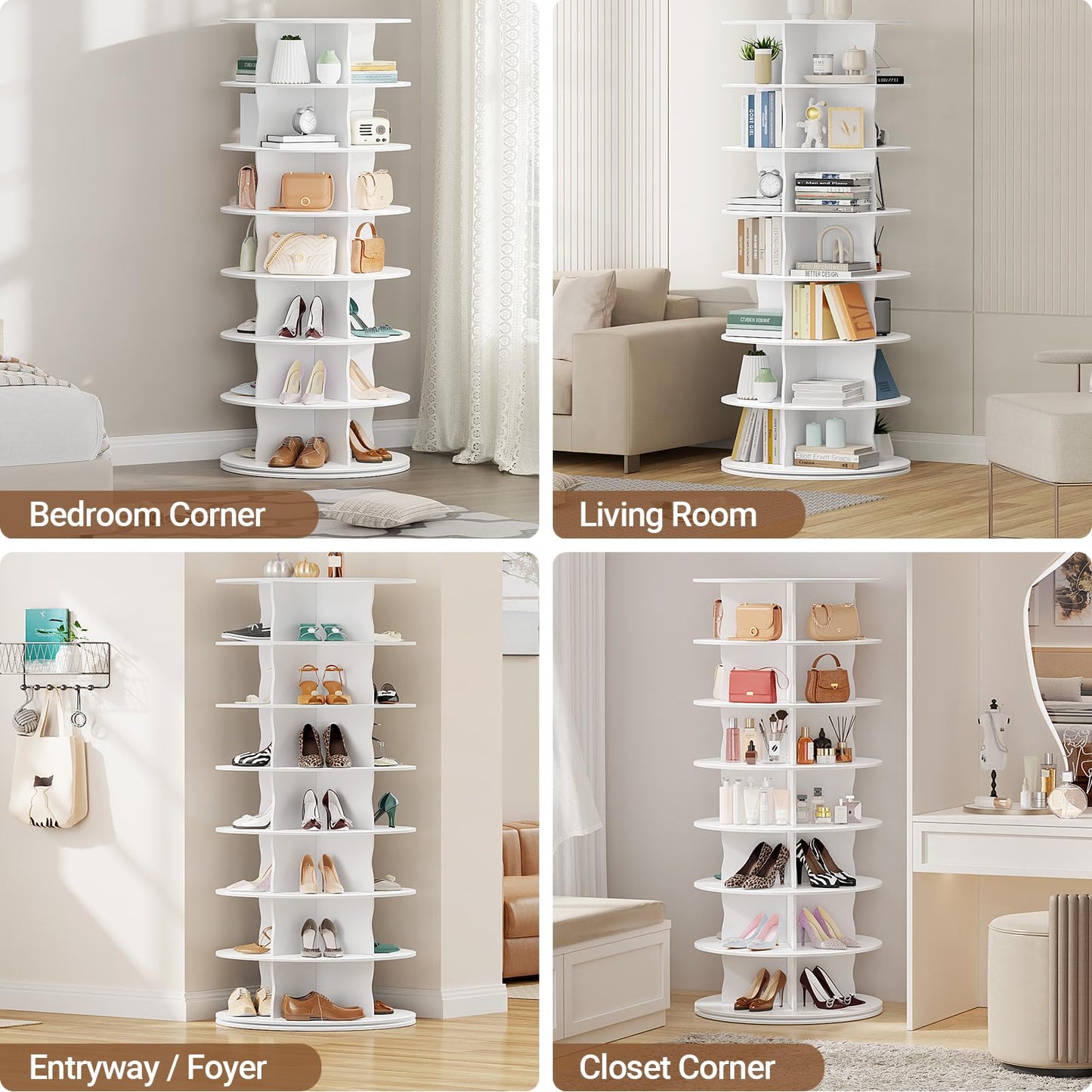 HOMETUK 5-Tier Rotating Standing Shelf Unit with Dividers, 360° Storage Display Tower Vertical Floor Organizer, for Bedroom, Closet, Entryway & Office, Ideal for Shoes, Cosmetics & Handbags, White