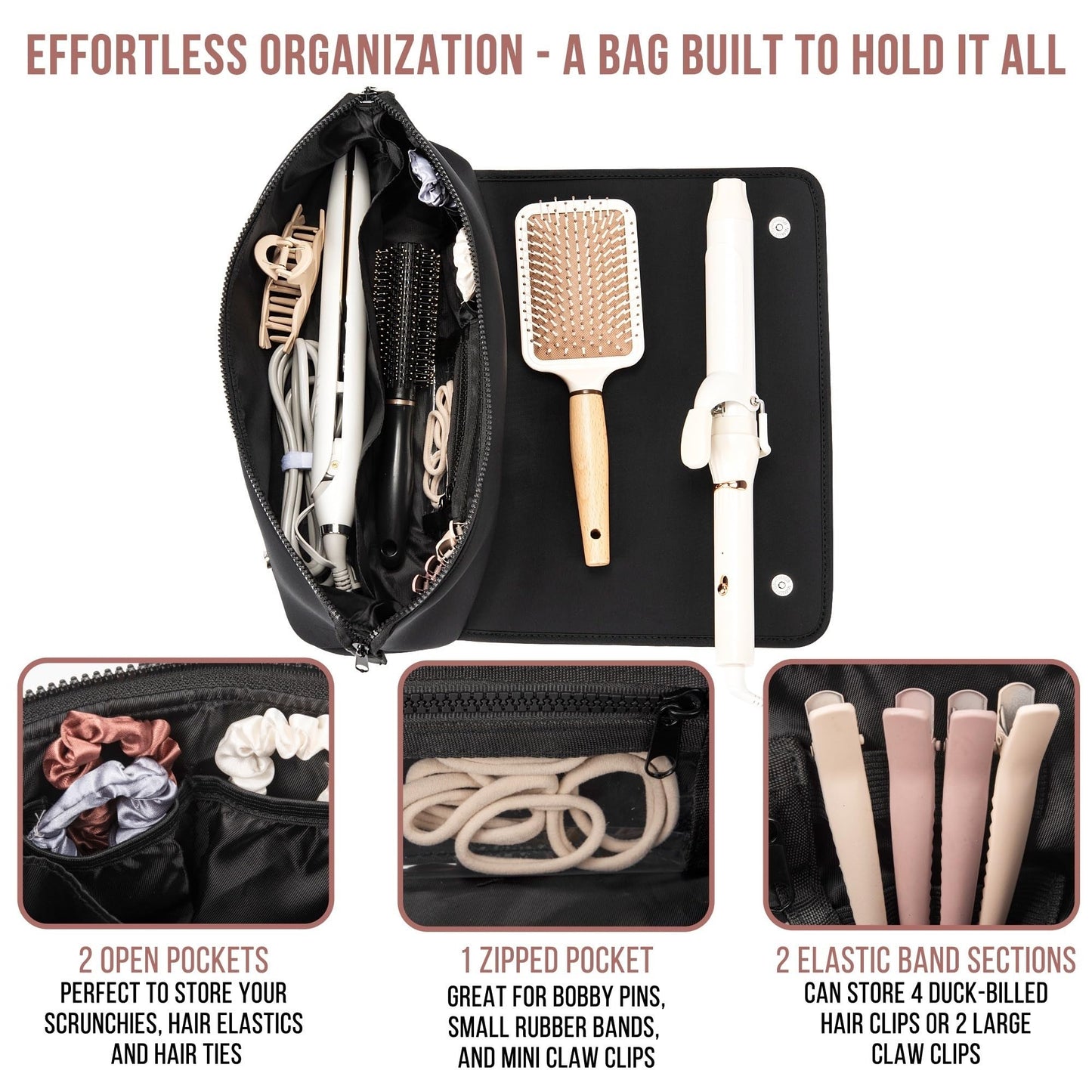 BAREFOOT CARIBOU Hair Tools Travel Bag and Heat Resistant Mat (15.5") for Flat Irons, Straighteners, Curling Iron, Haircare Accessories, 2-in-1 design, Interior Pockets, Portable Organizer (Black)