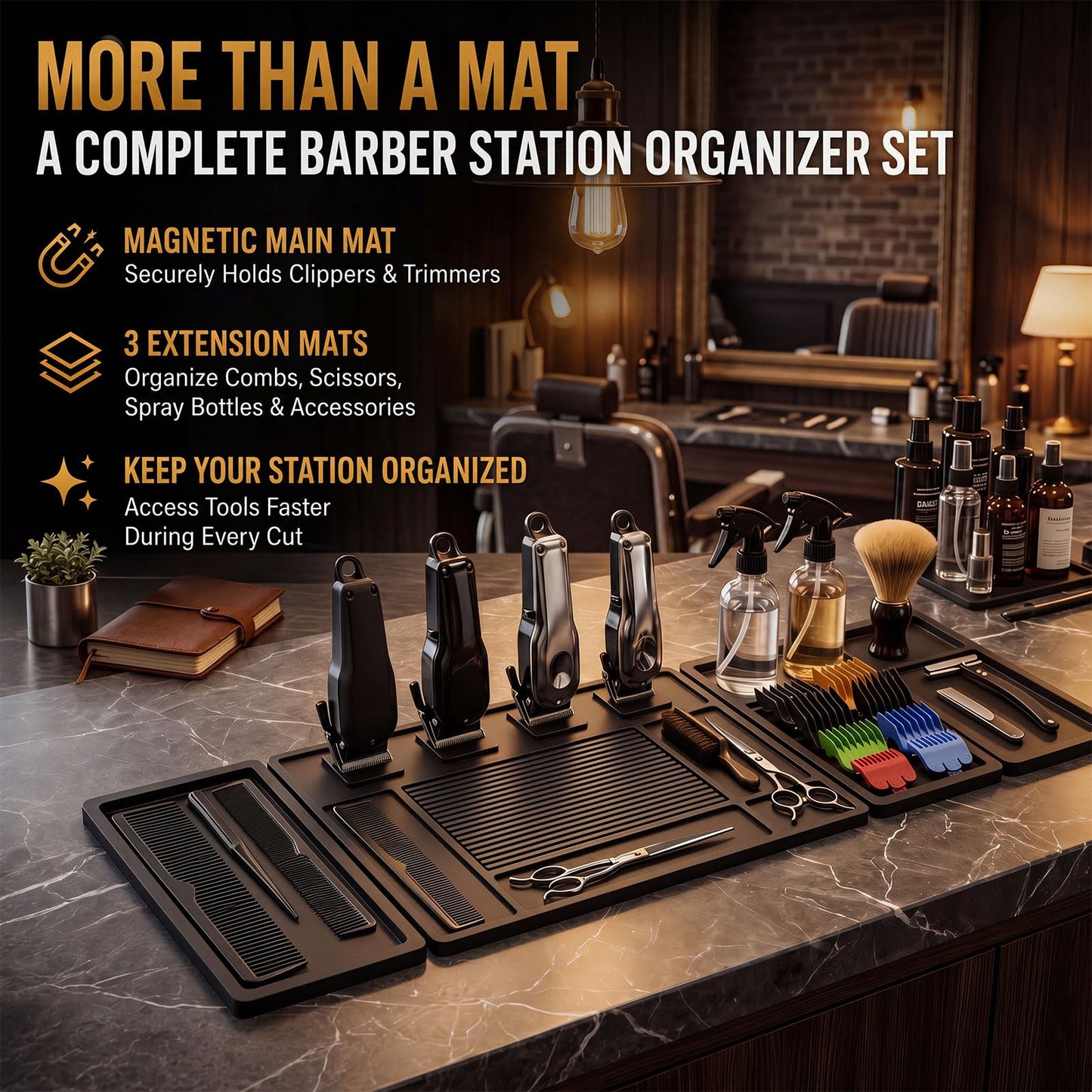 Novabright 4 Pcs Magnetic Barber Mat for Clippers Black Barber Tool Organizer Mat for Clippers and Salon Tools Heat Resistant Silicone Beauty Salon Table Mats Non-slip Barbershop Accessories