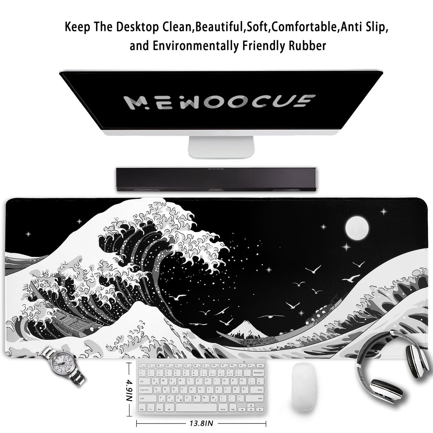 MEWOOCUE® Gaming Mouse Pad for Desk,Large Sea Wave Mousepad Laptop,Black White Japanese Anime Mouse Mat,Long XXL Waterproof Keyboard Pads,Big Non-Slip Mouse Pads for Game Office Home（35.4 x 15.7 in）