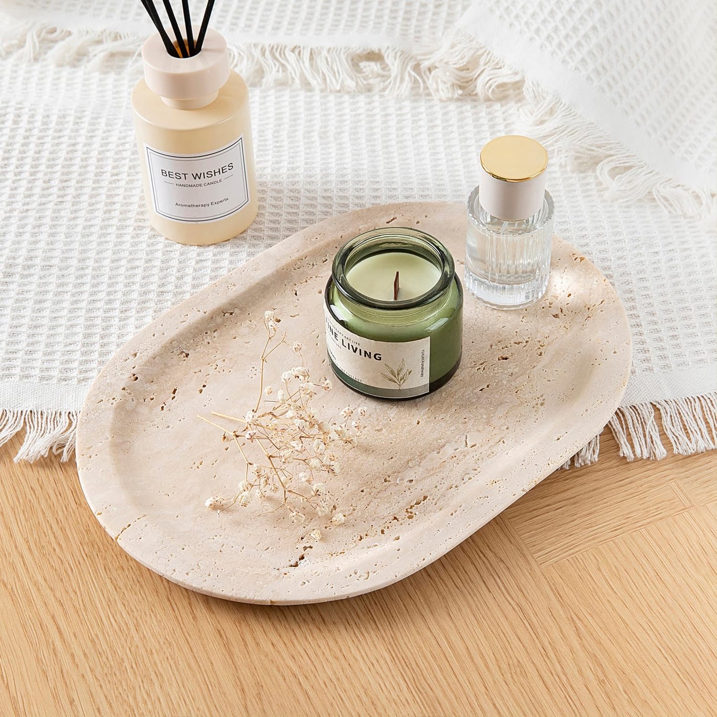 WANJINGYULE Natural Marble Decorative Tray Bathroom Counter Perfume Organizer Vanity Tray for Home Decor, Jewelry Candle, Coffee Table, Soap Holder Dresser Countertop Accessories 8"x11" Travertine