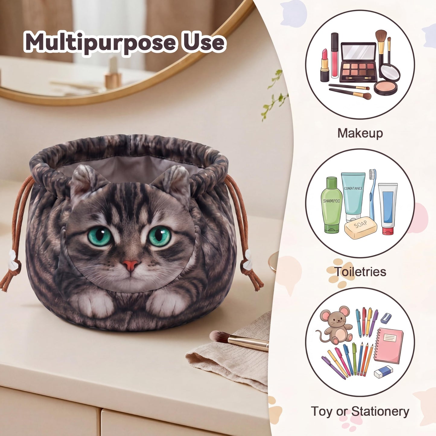 Tallew 3 Pcs Cat Drawstring Makeup Bag Large Capacity Cute Funny Cat Gifts Dormitory Cosmetic Bag for Women Portable Travel Pouch Toiletry Organizer for Birthday Gifts for Cats Lovers