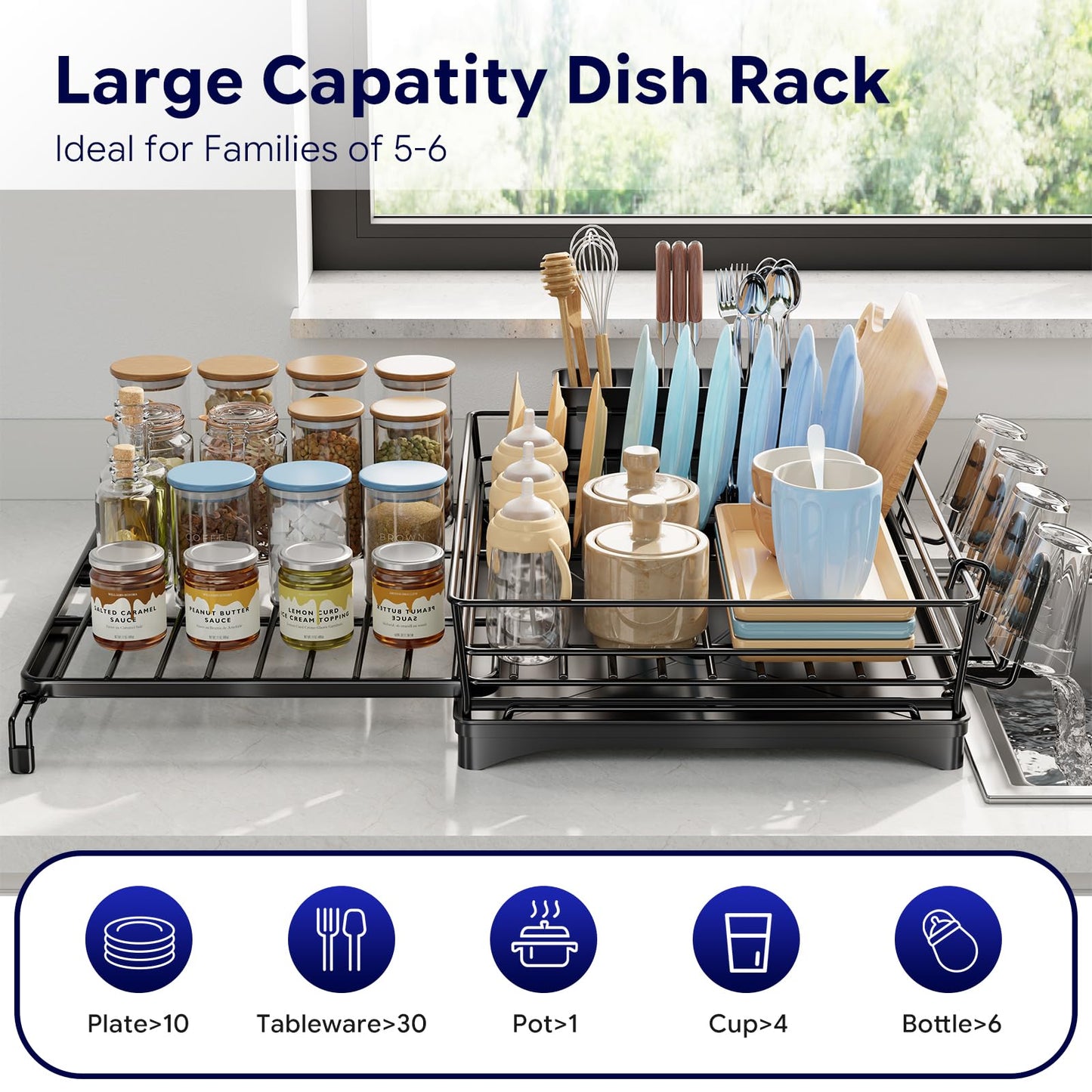 Simple Trending Dish Rack - Expandable Dish Drying Rack for Kitchen Counter, Large Capacity Dish Drainers, Stainless Steel Dish Strainer with Utensil & Cup Holders, Black