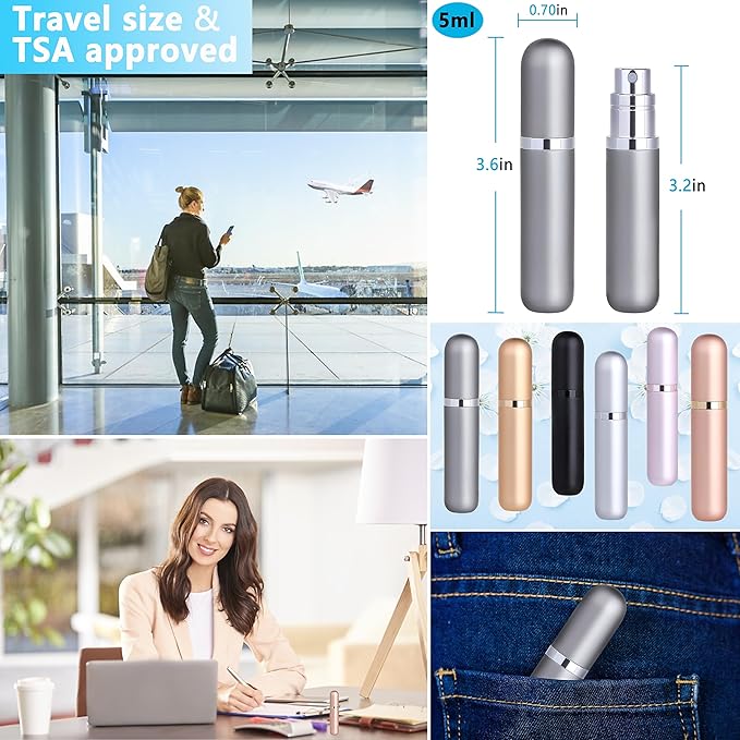 Travel Refillable Perfume Atomizer Bottle 2-Pack 5ml Leakproof Travel Perfume Refillable Bottle (Black & Silver)