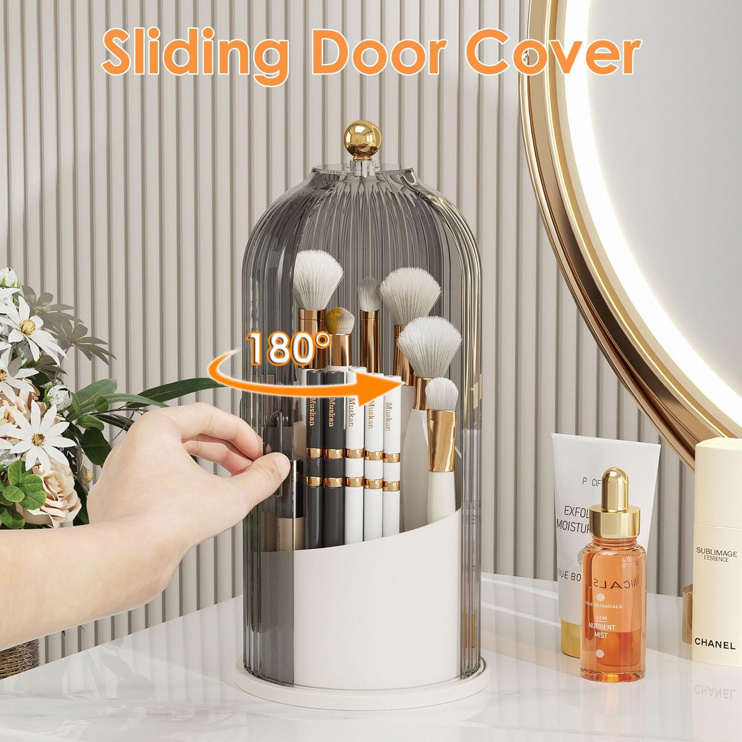 YOOLENS Makeup Brush Holder with Lid 360 Rotating Clear Dustproof Make Up Organizers for Vanity Bathroom Countertop, Gray
