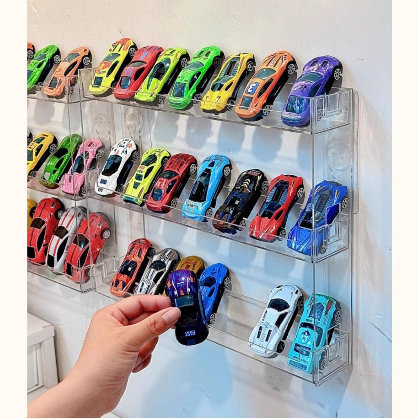 3 Layer Acrylic Wall Mount Display Case for Hot Wheels, 3-Tier Organizer Shelf Holds 27 Toy Cars, 1:64 Diecast Car Storage Organizer
