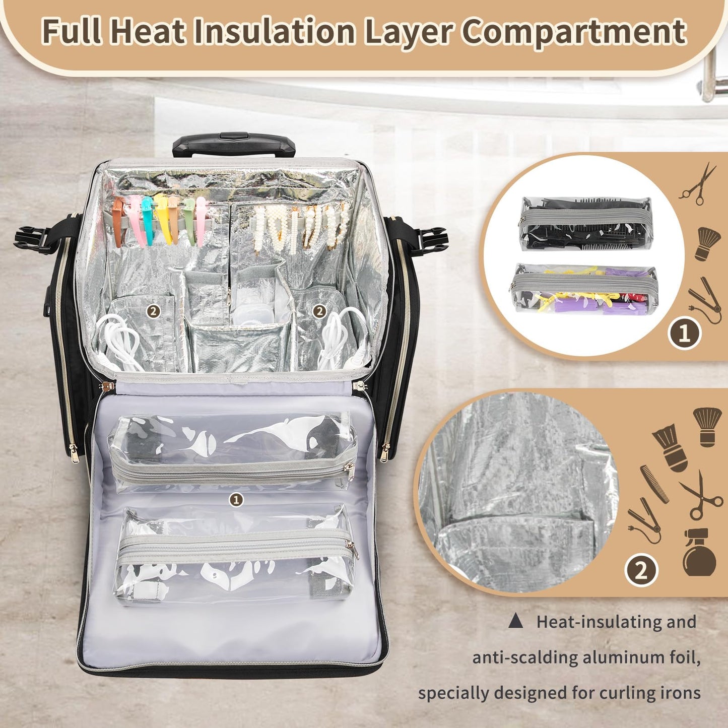 Large Makeup Train Case for Hairstylists & Hairdressers - Cosmetic Organizer with Detachable Pouch, Heat-Insulated & Anti-Scald Full Layer, Hairdressing Tool Storage Trolley with 4 360 Swivel Wheels