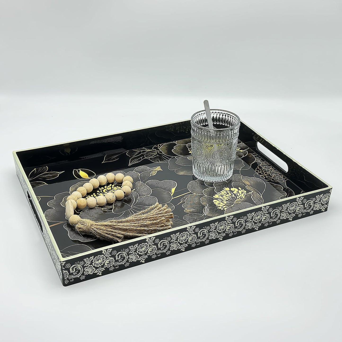 PDUHKO Serving Tray with Handles, 15.7 * 11.8 inches, Plastic Ottoman Tray with Exquisite Paintings, Trays for Coffee Table