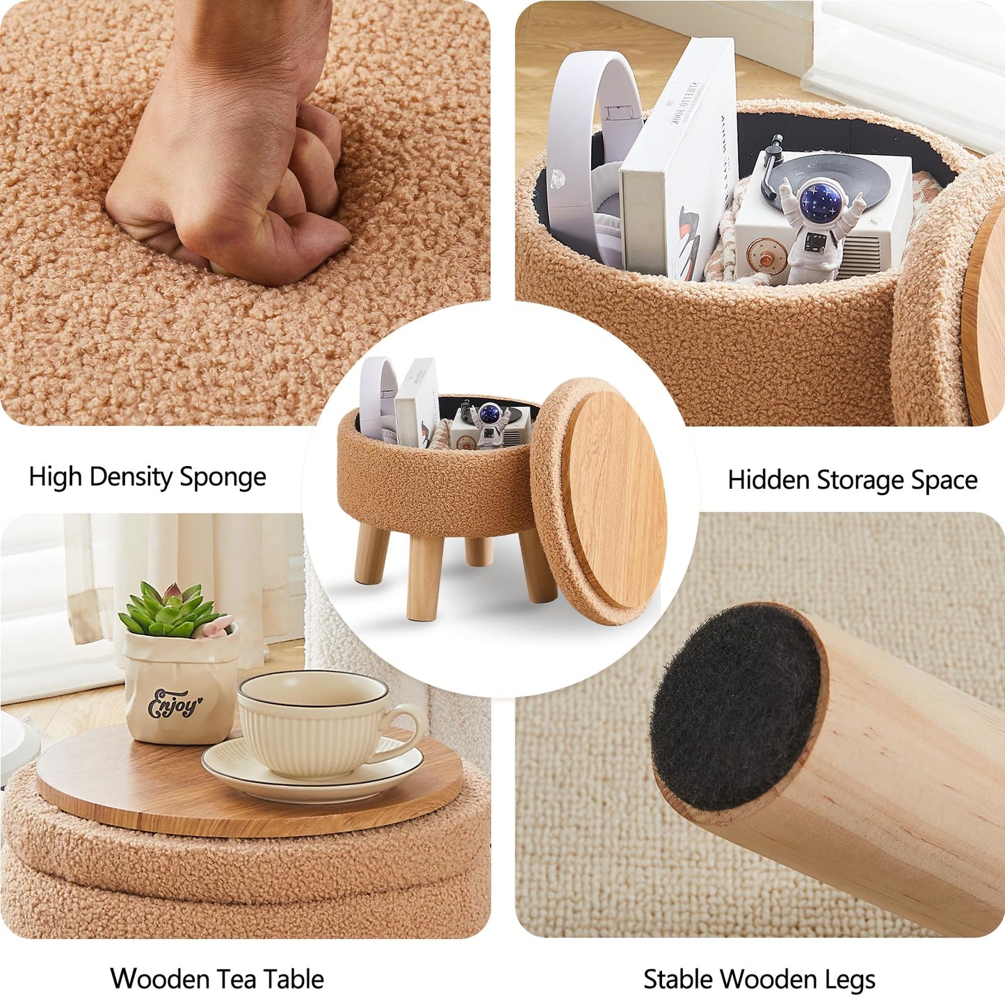 Wimarsbon Storage Ottoman, Modern Round Footrest with Soft Padded Seat, Teddy Velvet Footstool with Wood Legs, Accent Small Table or Plant Stand for Hallway, Living Room (Champagne)