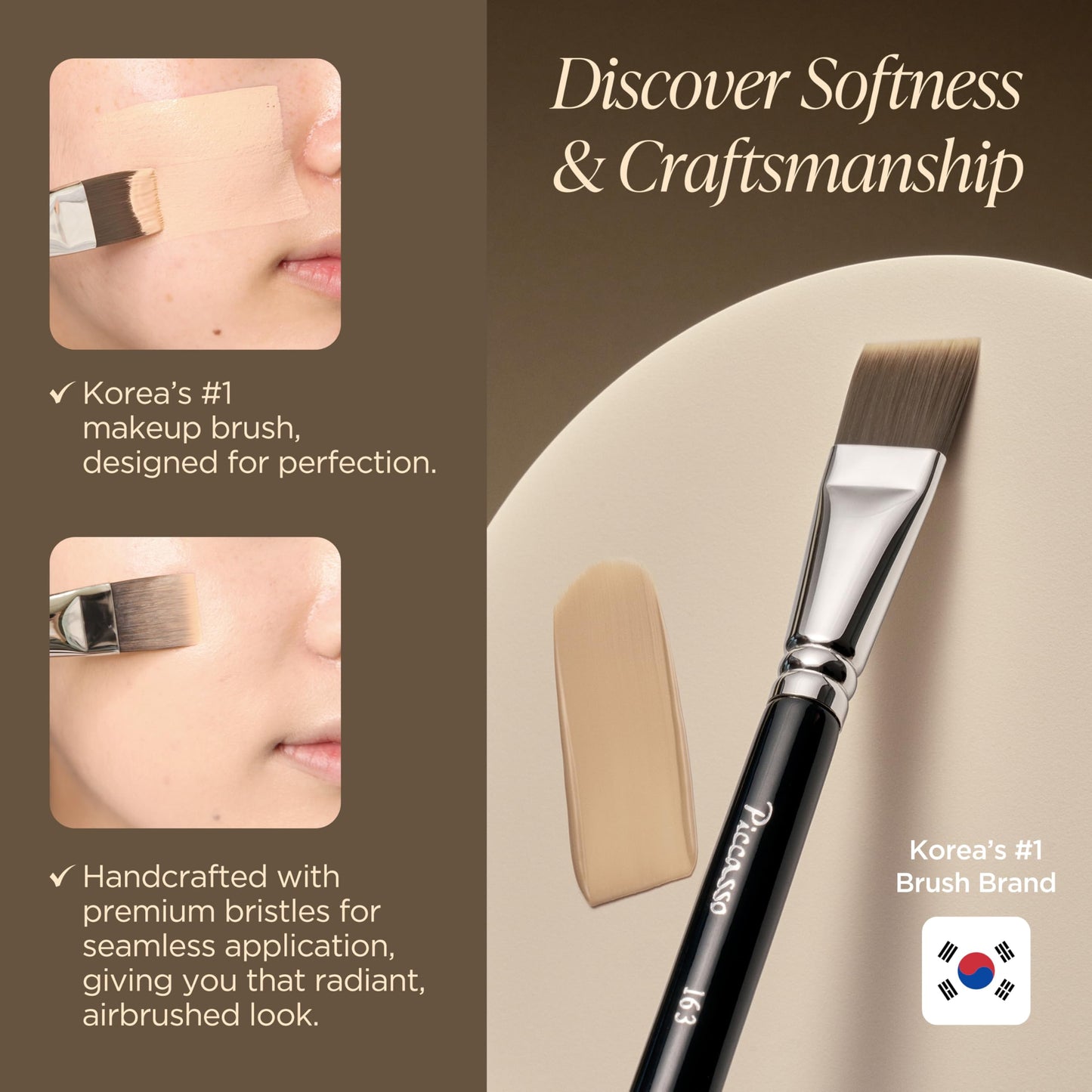 Piccasso Flawless Adherence Set – 163 Foundation Brush + 6P Latex Round Makeup Sponges, Korean Beauty Tools for Natural Glow & Smooth Base, Perfect for Dewy or Matte Finish