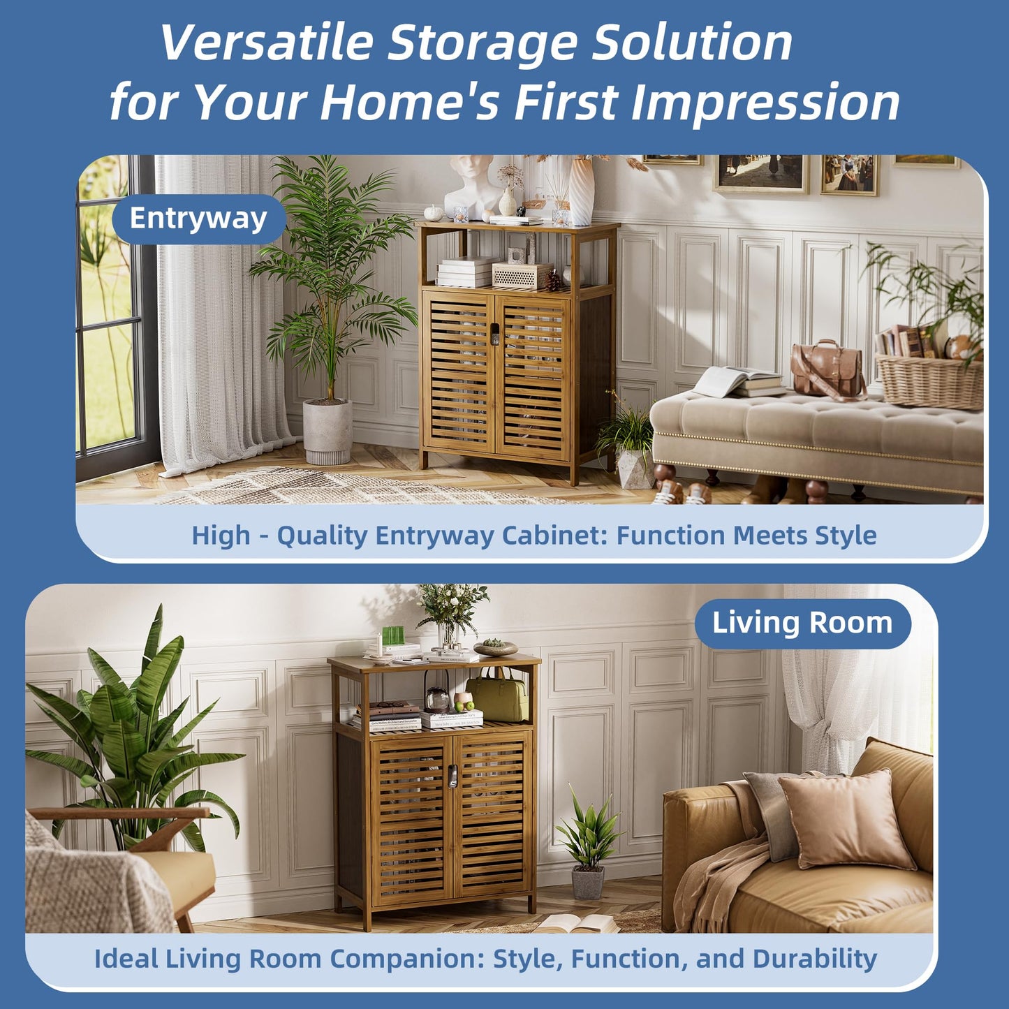 HITNET Bathroom Storage Cabinet, Bamboo Floor Cabinet with Double Doors and Open Shelf, Freestanding Cupboard for Living Room, Kitchen, Entryway, Walnut