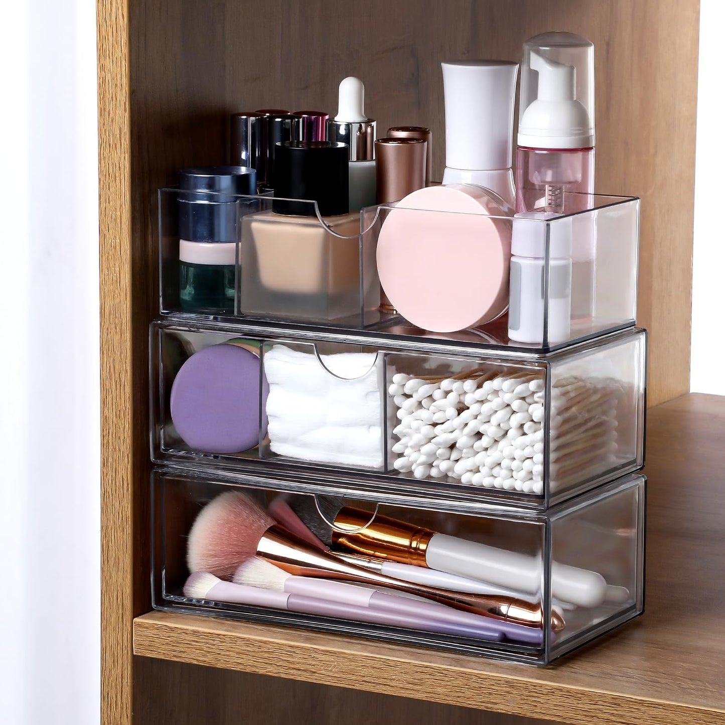 Josojoou 3-Tier Clear Stackable Makeup Organizer with Removable Dividers,Acrylic Medicine Cabinet Organizer and Storage for Bathroom Mirror Cabinets, Vanity, Closet, Countertop with Drawer