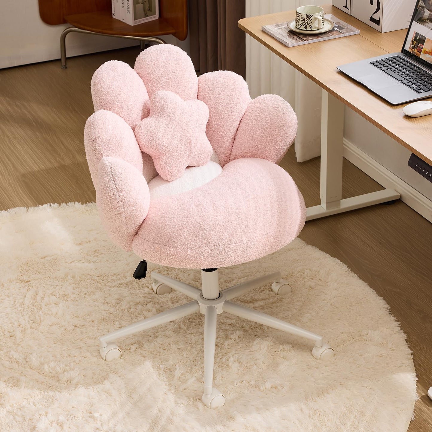 VINGLI Lovely Petal Vanity Desk Chair with Star Pillow, Height Adjustable Armless Swivel Chair in Vibrant Color-Blocking, Modern Computer Task Chair for Bedroom & Home Office, Teddy Fleece,Pink