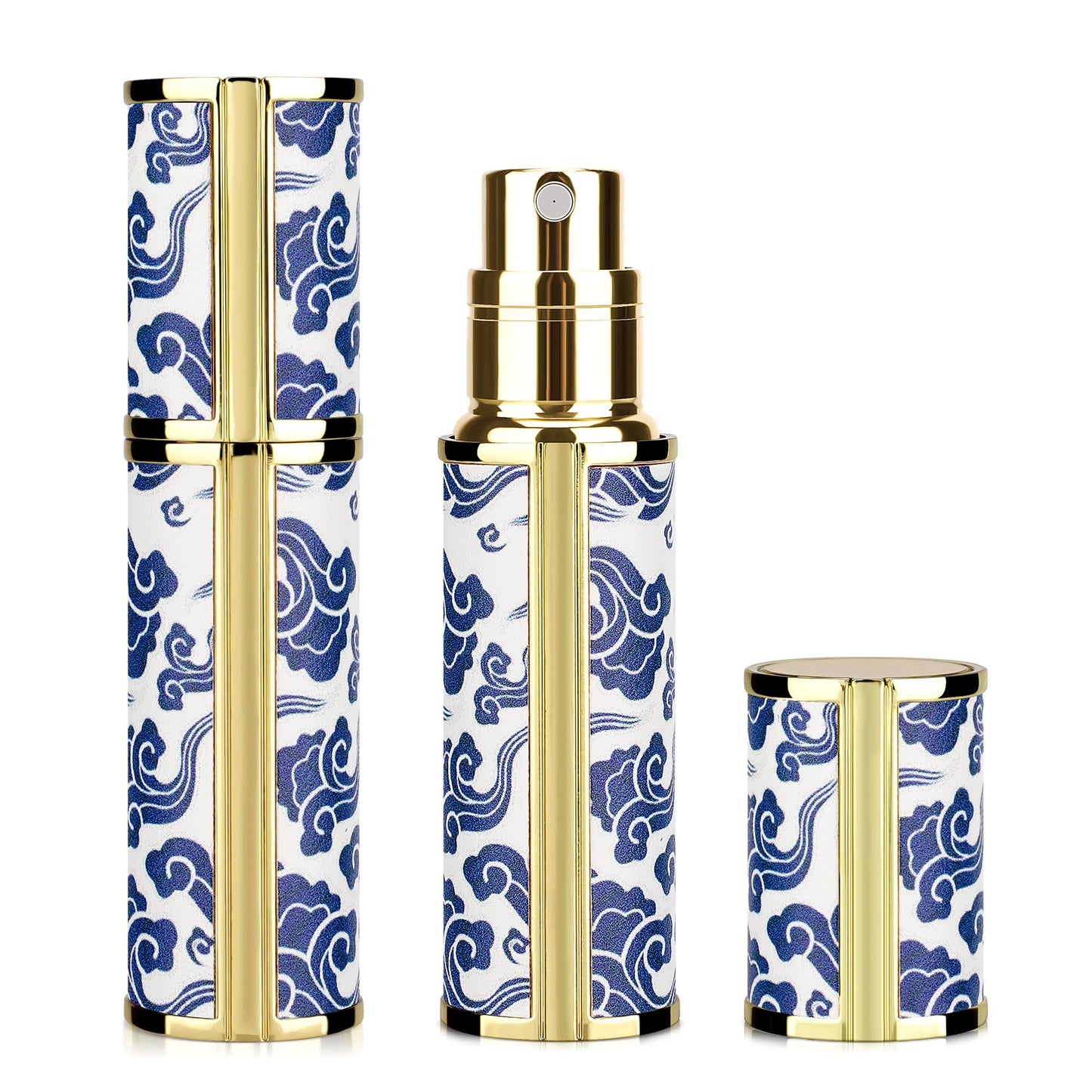 LUEXBOX Portable Perfume Bottle for Travel, Mini Refillable Perfume Dispenser, 5ml Faux Leather Leak Proof Perfume Atomizers, Blue and White Bottles Sprayer for Pocket Perfume (Blue Cloud)