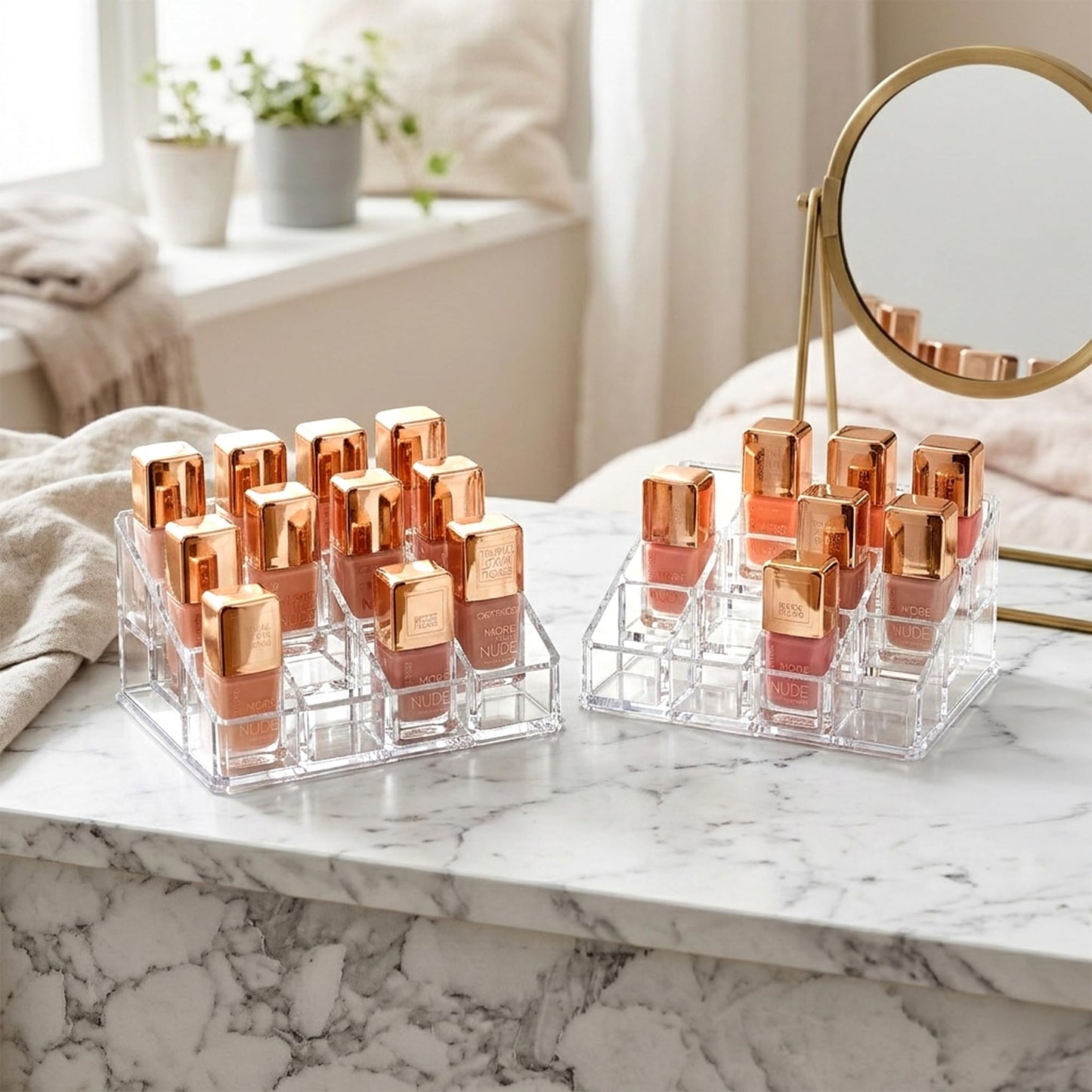 Amazing Abby - Charm - 2-Pack 12-Slot Acrylic Nail Polish Organizer, Lipstick Holder, Lip Gloss Organizer, Cosmetic Storage Display, Perfect Storage Solution for Drawer, Vanity, Bathroom, and More