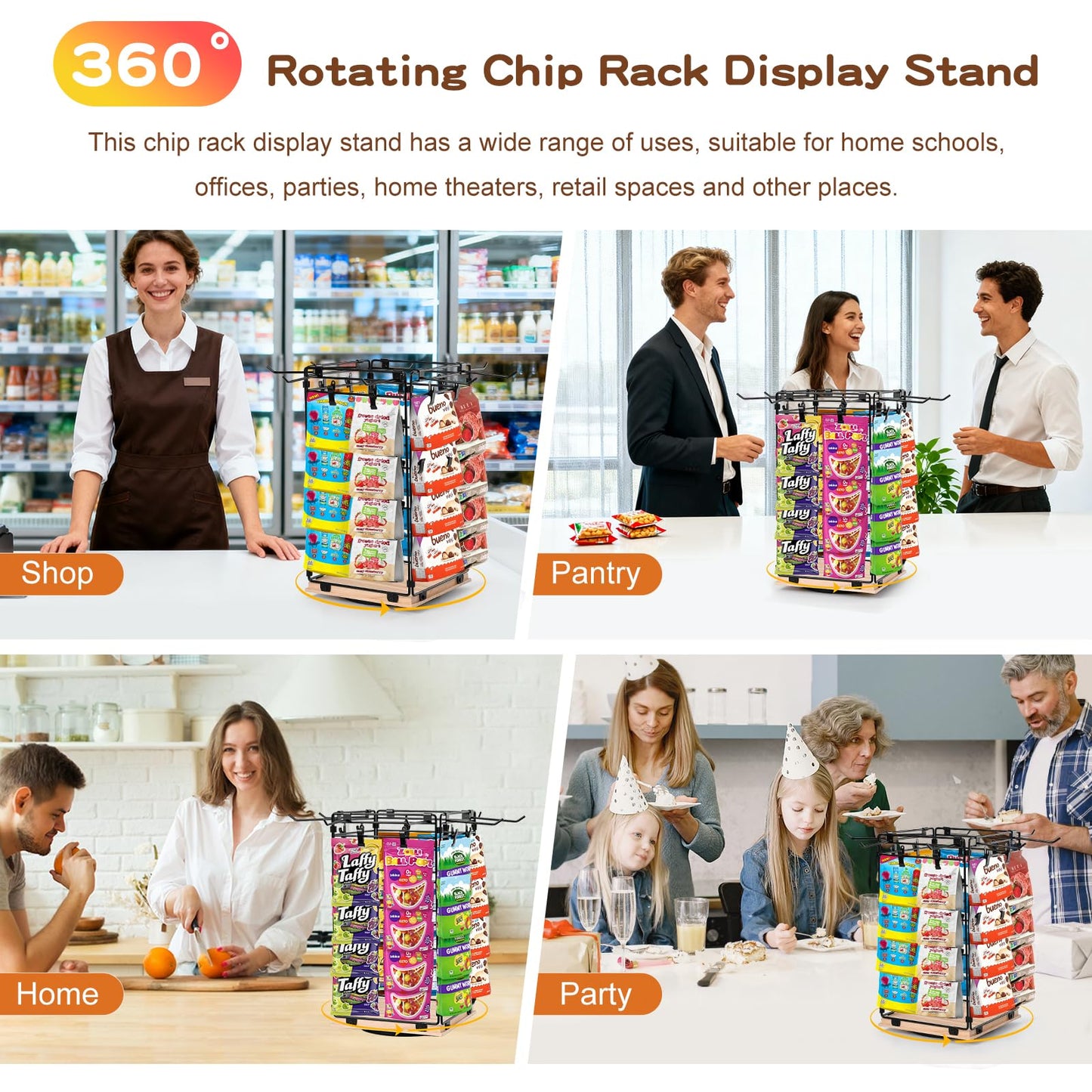Koocoot 4-Tier 360 Rotating Chip Rack Display Stand with 32 Clips & 8 Hooks, Metal Countertop Snack & Candy Display Rack Organizer for Store, Party, Retail