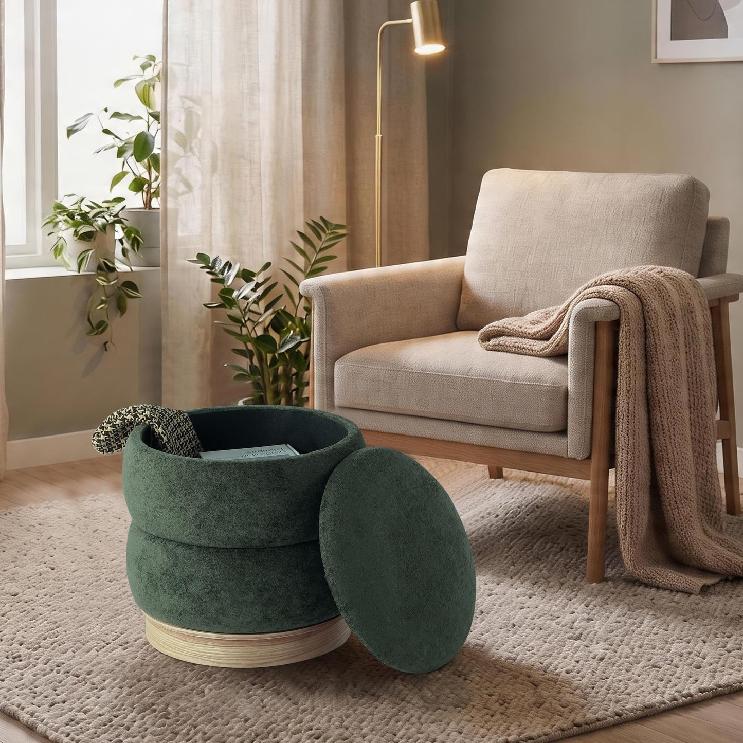 Get Set Style Round Ottoman with Wooden Base, Storage Vanity Stool for Makeup, Upholstered Footrest Stool Ottoman Foot Stool for Living Room, Bedroom