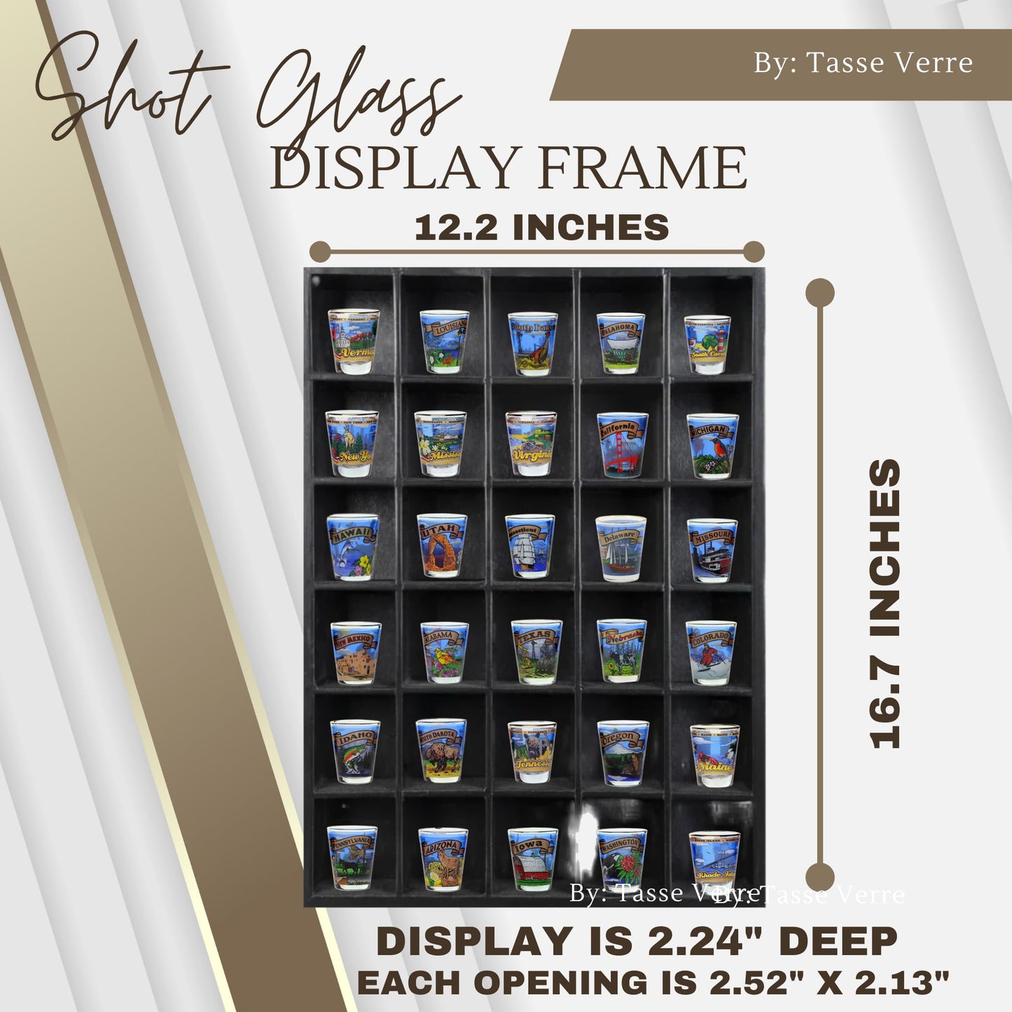 Tasse Verre 30 Shot Glass Shelf Display Case (1-Pack) - Large Wooden Collectibles Rack - Wall Mounted Black Bar Shadow Box Minifigure Storage, 16.7x12.2”