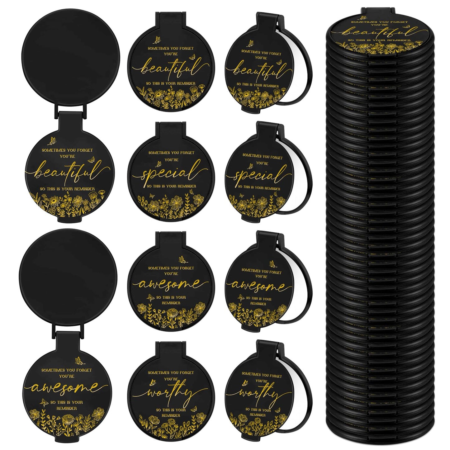 HSDSH 100 Pcs Inspirational Compact Mirror Bulk Small Pocket Mirror Purse Round Portable Folding Makeup Mirror Thanksgiving for Women Coworker Employee Teacher(Black)
