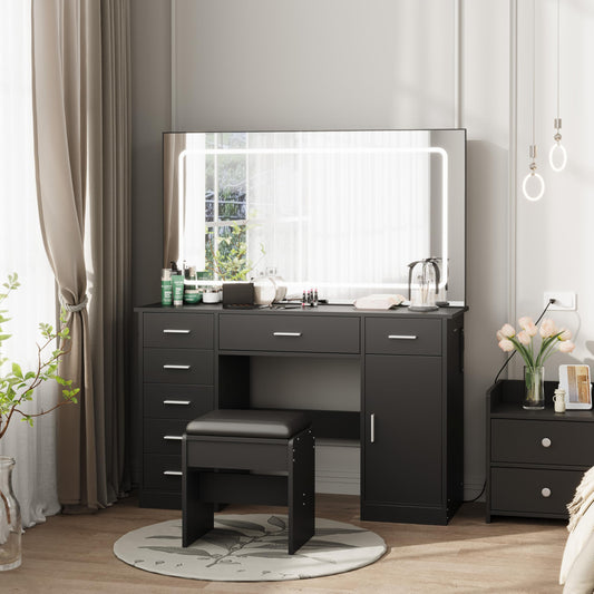 GarveeHome Vanity Desk with Large Mirror and Lights, Makeup Vanity with Charging Station, 3 Lighting Modes Adjustable Brightness, Vanity Table Set with 7 Drawers, Makeup Table for Bedroom