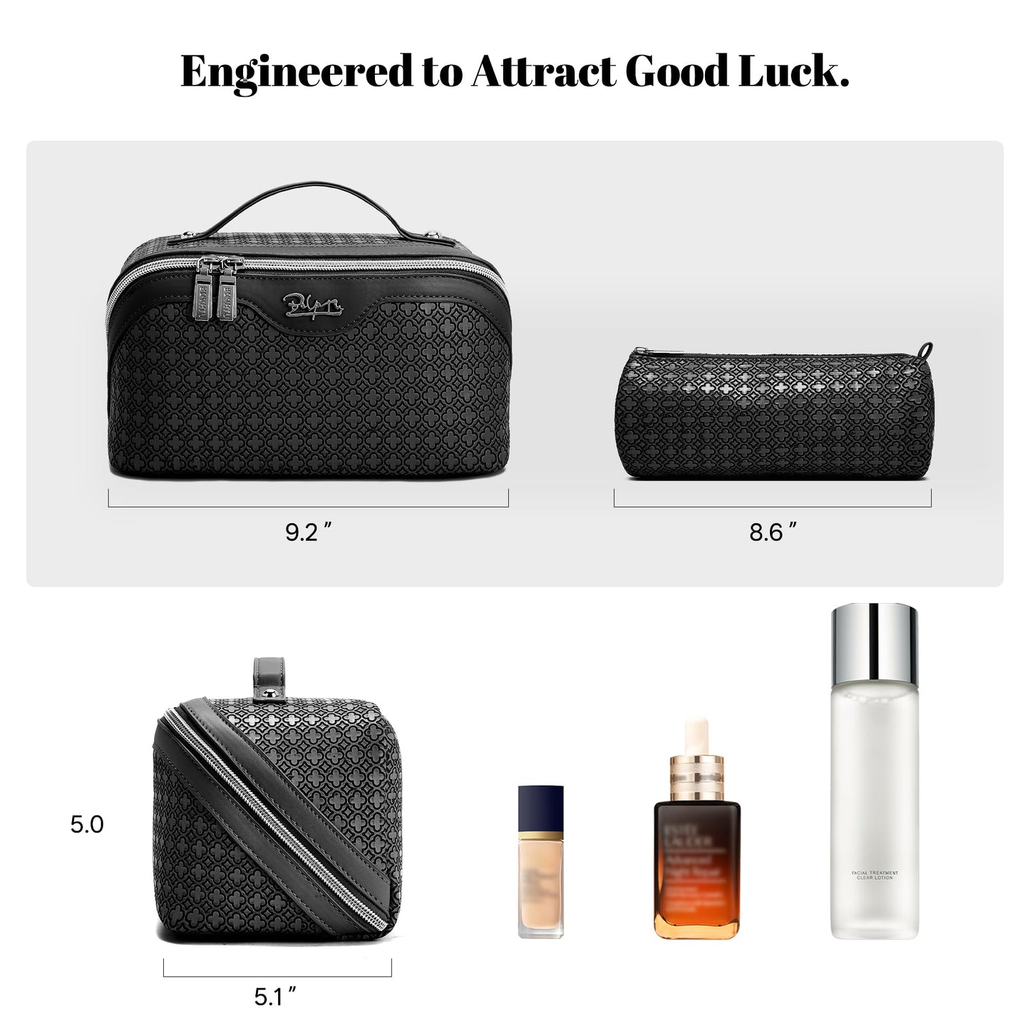 BOYATU Travel Makeup Bag for Women: Four Leaf Clover Large Capacity 3 Pcs Set Cosmetic Bags - Waterproof 50% Extra Space for Toiletry Organizer - Travel Essentials for Fortunate (06 Black)