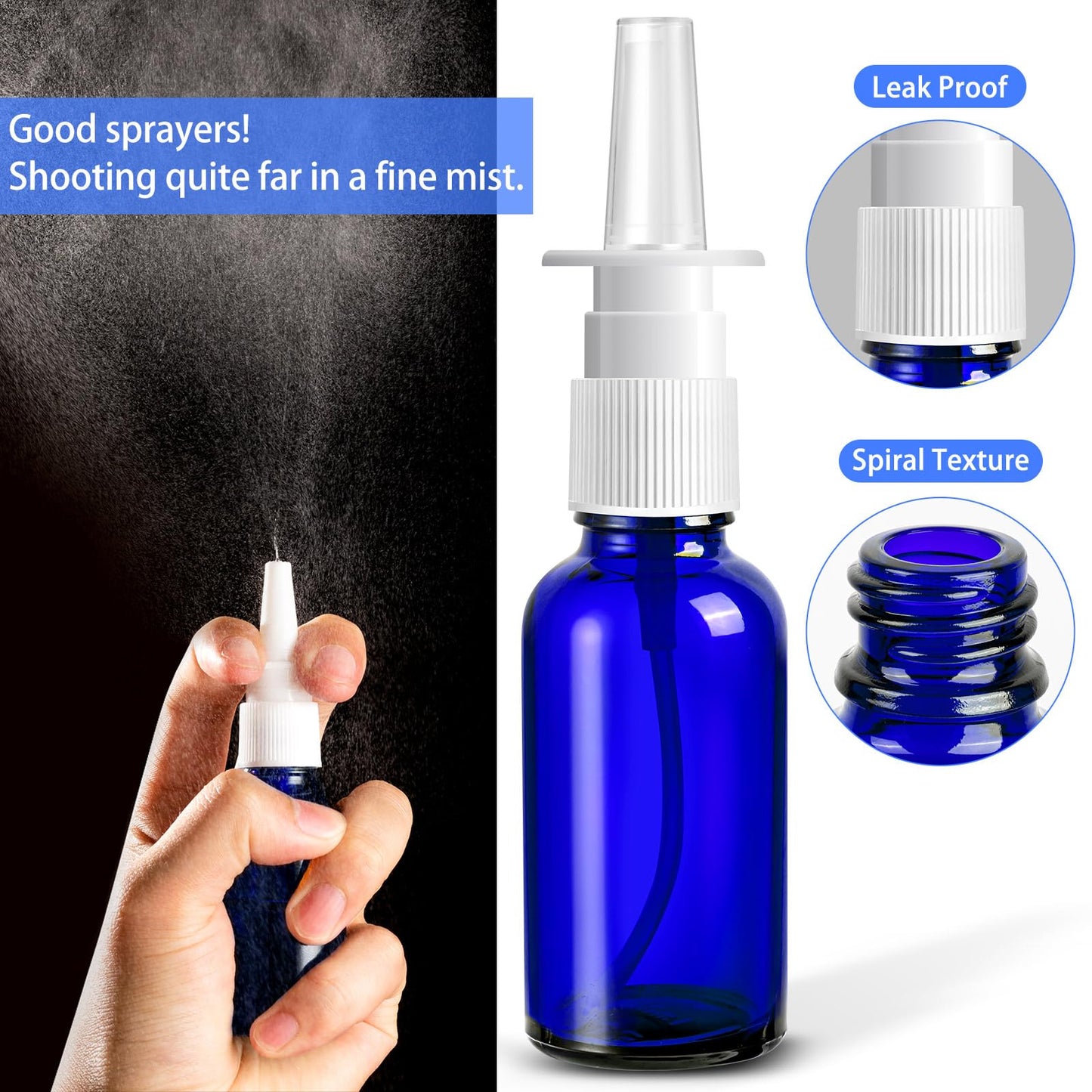 ZHWKMYP 20 Pcs Nasal Spray Bottles, 30ML/1oz Blue Glass Refillable Fine Mist Empty Nasal Spray Bottle with 4 Funnels and 4 Labels
