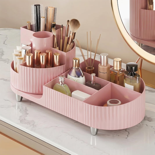 Booklov Rotating Makeup Caddy Organizer for Vanity, Large Capacity Cosmetic Display Case, Countertop Beauty Storage Holder for Skincare, Brush Eyeshadow Lipstick, Counter Desk Organization, Pink