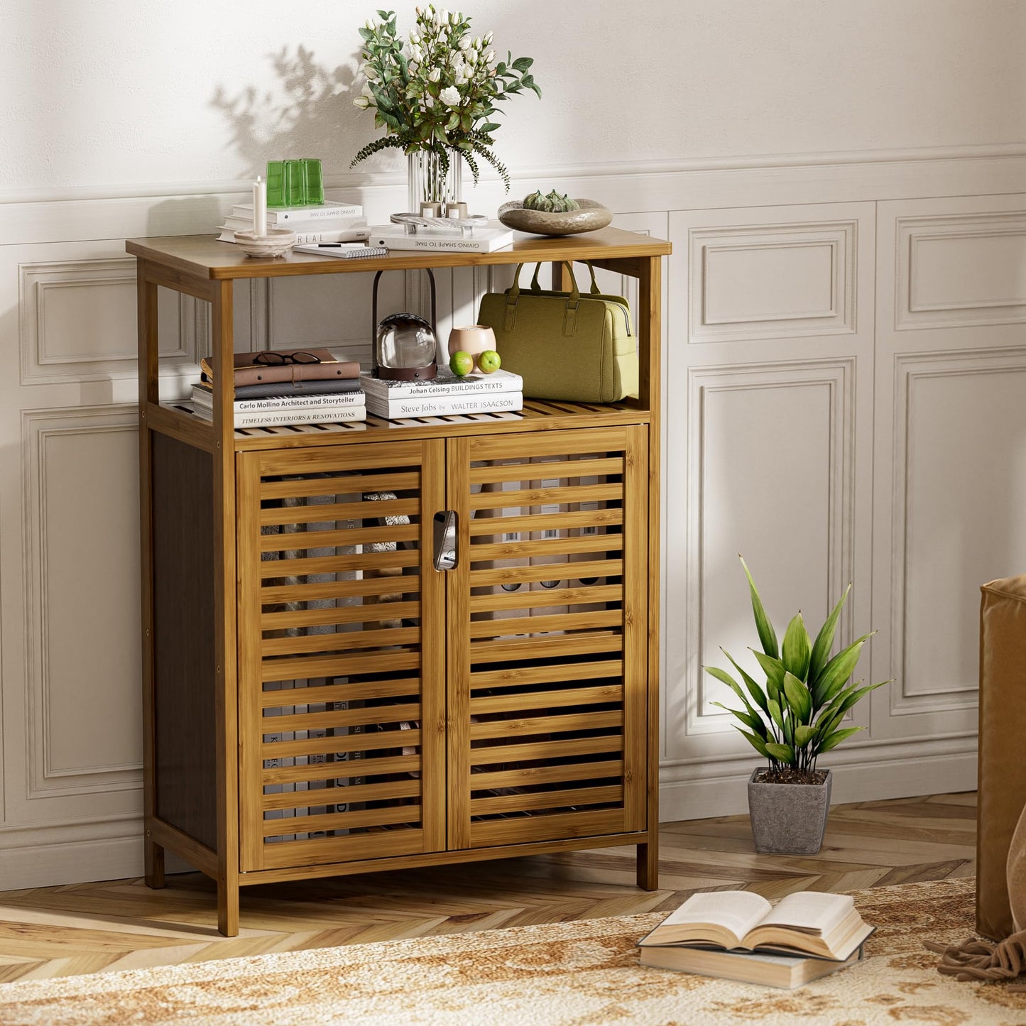 HITNET Bathroom Storage Cabinet, Bamboo Floor Cabinet with Double Doors and Open Shelf, Freestanding Cupboard for Living Room, Kitchen, Entryway, Walnut