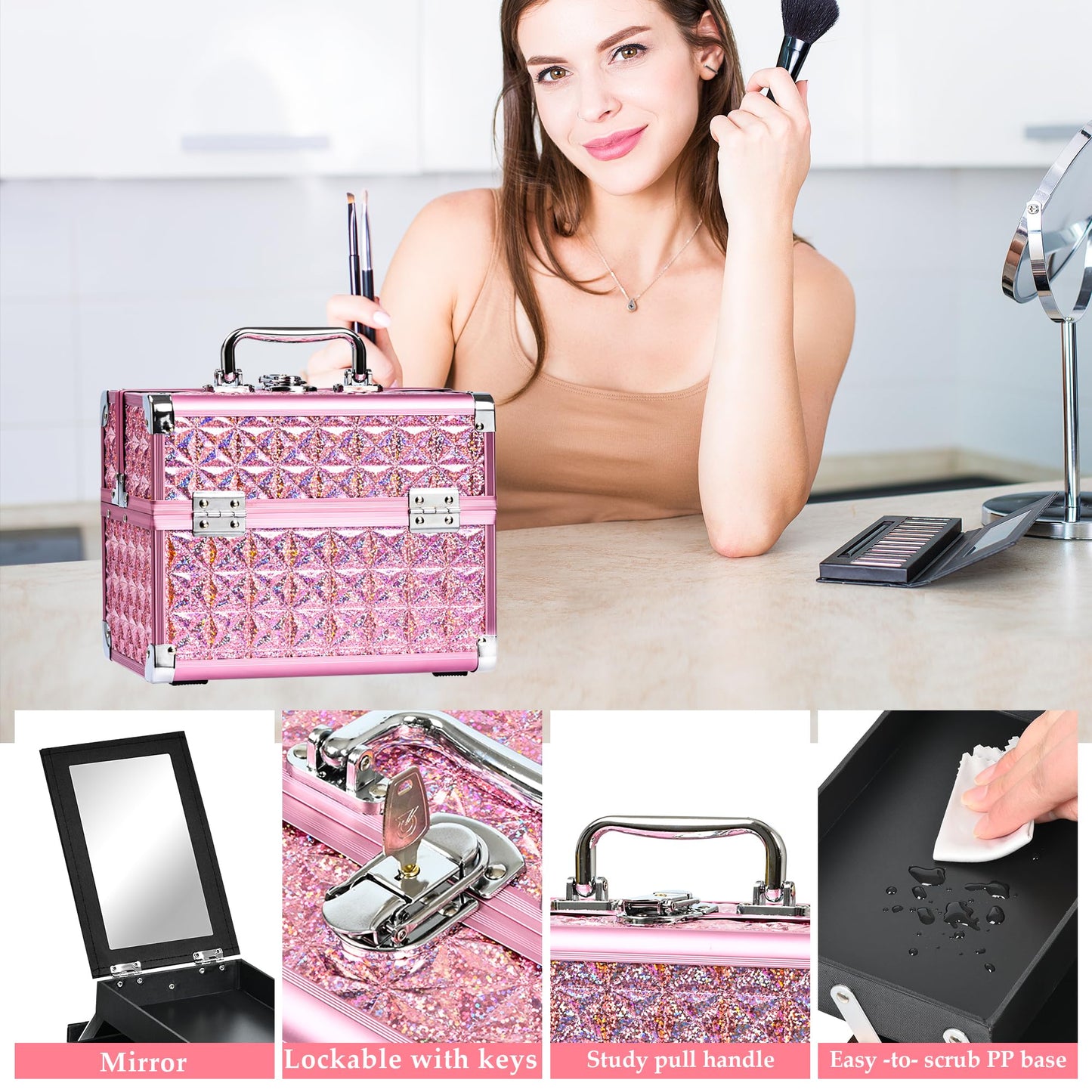 GALHUBIS Makeup Case Organizer,Makeup Train Case, Trays Cosmetic Box Portable, Profesional for Salon Barber,Pink