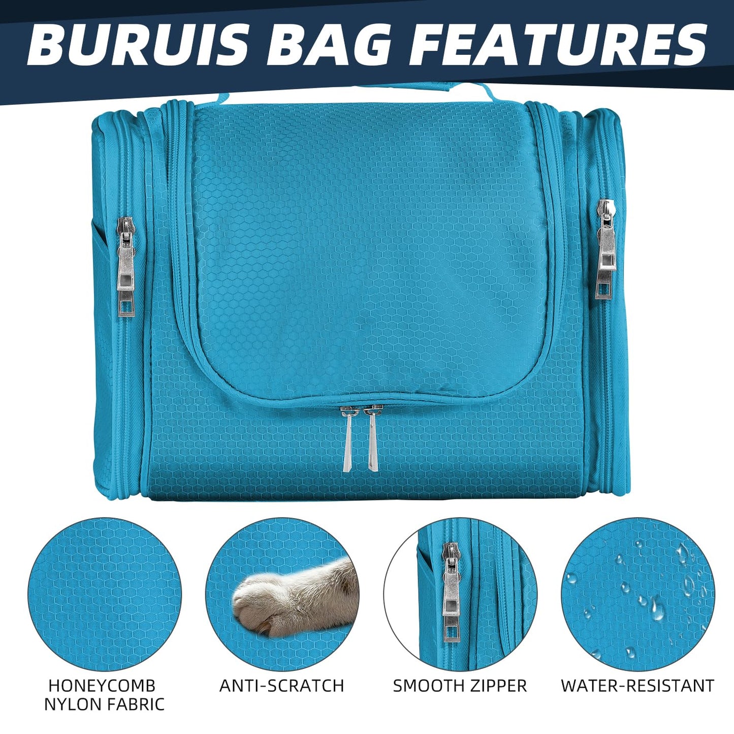 Buruis Hanging Toiletry Bag for Women and Men, Large Water-Resistant Makeup Organizer with Sturdy Hook, Lightweight Nylon Dopp Kit for Full-Sized Toiletries & Cosmetics, Light Blue