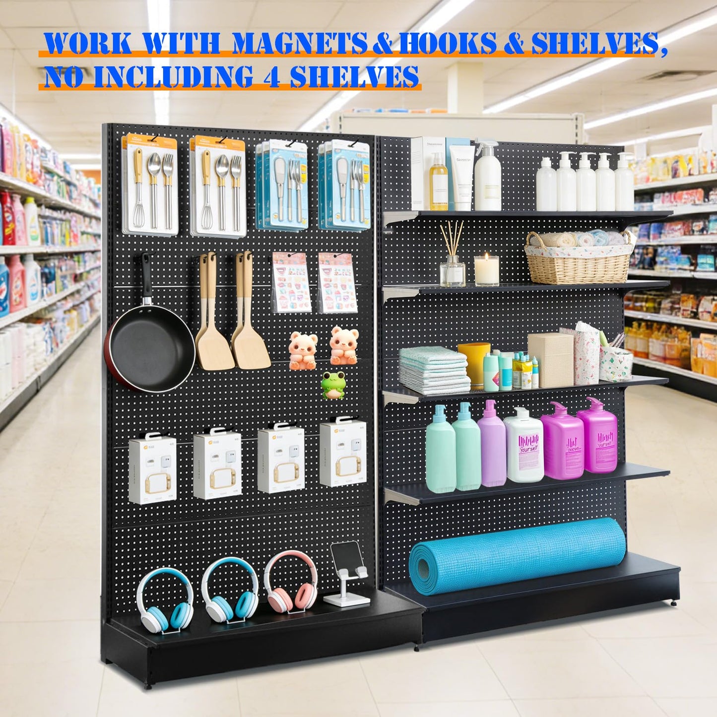 NectaCol Pegboard Display Stand 4'W x 6.5‘H, Gondola Retail Shelving Wall Display for Convenient Grocery Office Supply and Liquor Stores, Single Side Peg Board Panel No Including 4 Shelves