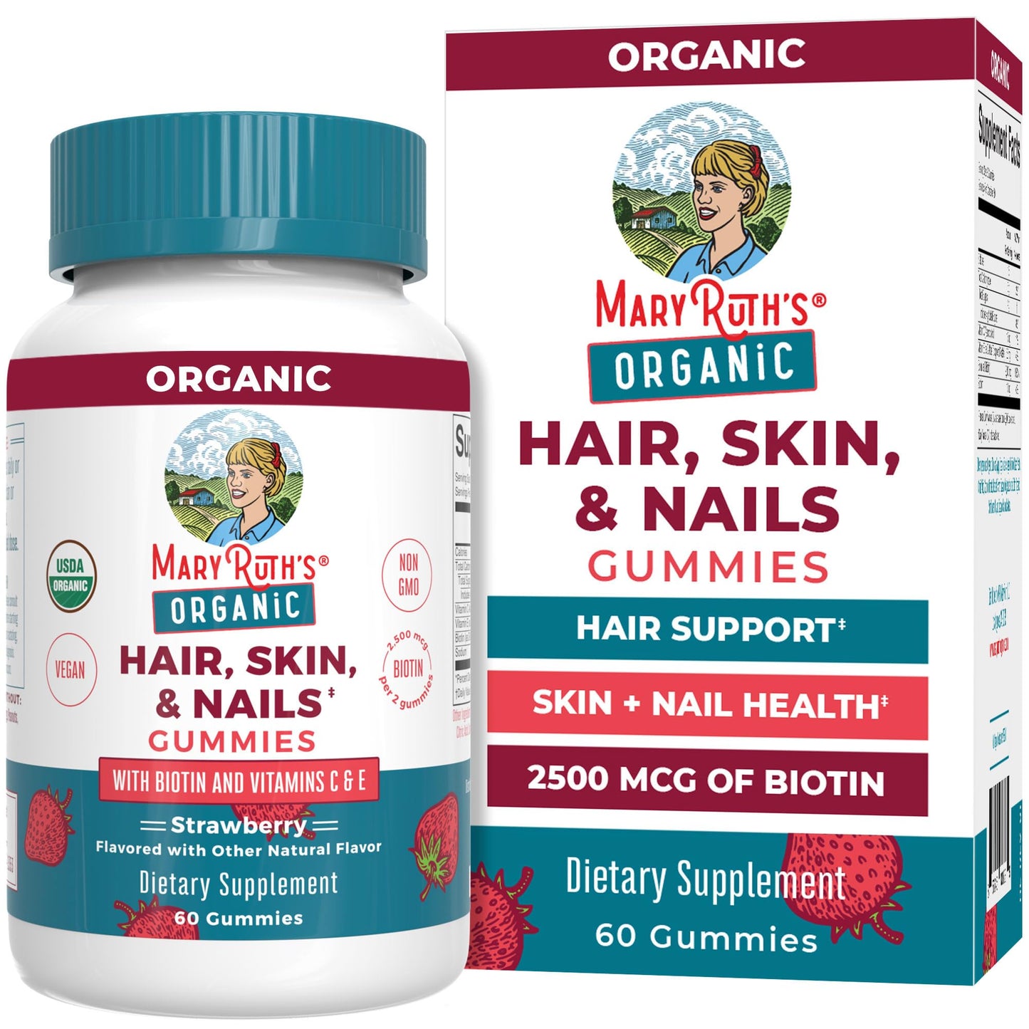 MARYRUTH'S Hair Skin and Nail Vitamins | USDA Organic | 2500 mcg Biotin Gummies with Vitamin C & Vitamin E | Hair Growth Vitamins | Skin Care | Nail Growth | Ages 14+ | 60 Count