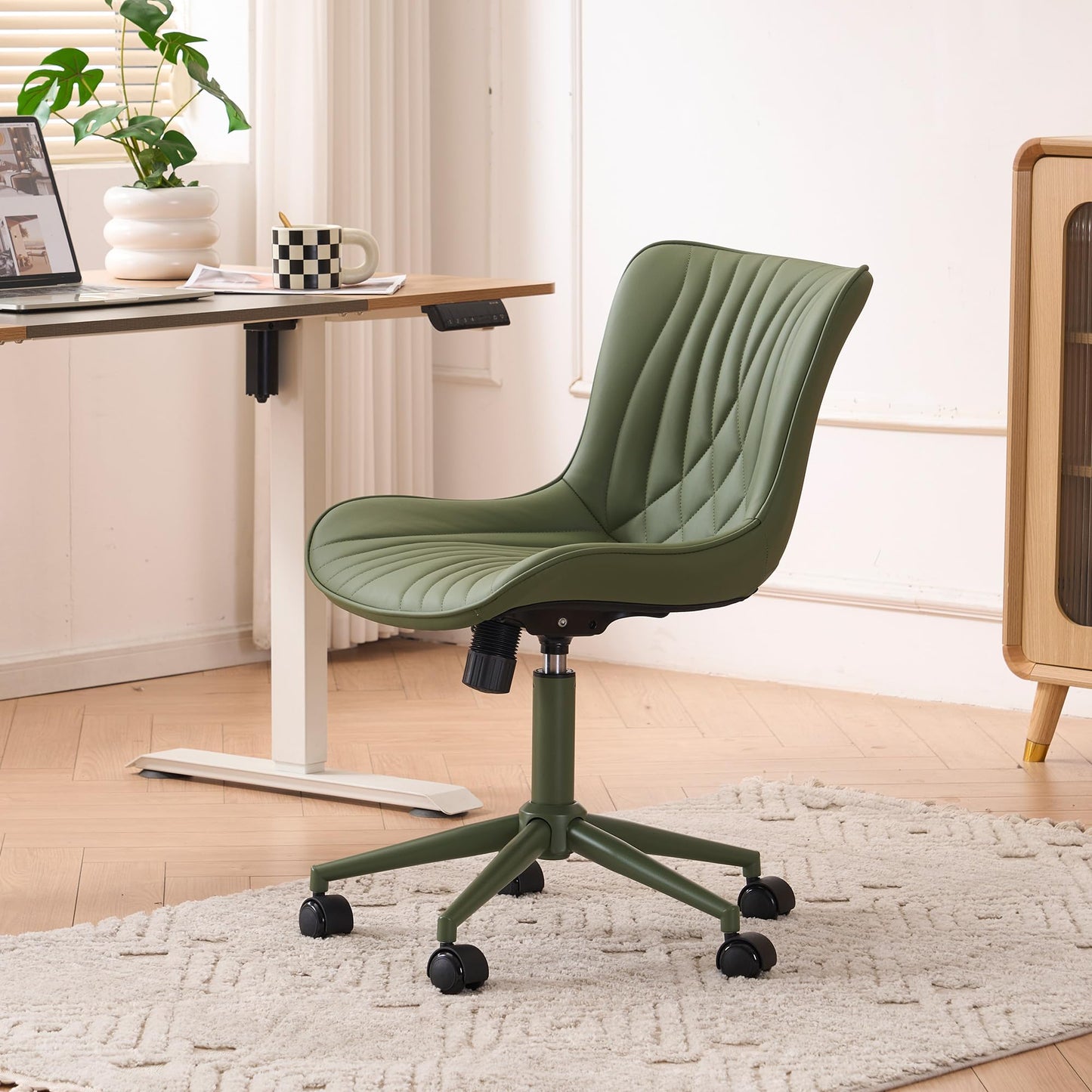 YOUTASTE Green Armless Office Chair, Modern Adjustable Swivel Desk Chair with Wheels, Upholstered PU Leather, Green Metal Legs, Back Support for Home Office, Study, Vanity, Bedroom