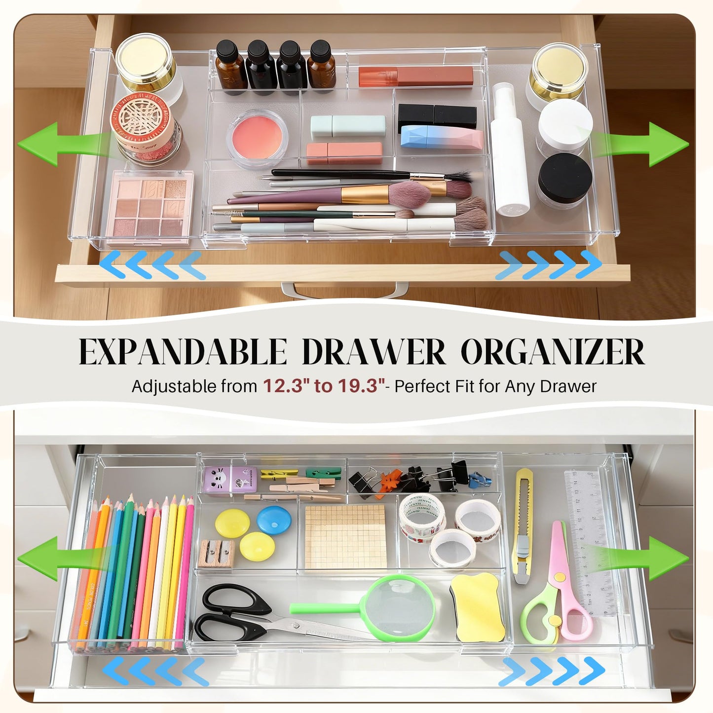 Dunkive 4pack Shallow Expandable Drawer Organizer, Adjustable 12.5”–20” Clear Plastic Drawer Organizer Tray for Vanity Bathroom Desk Kitchen Drawers, Multi Compartment Storage