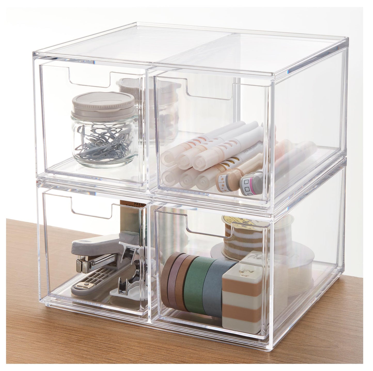 STORi Stackable Desk Organizer drawers, Clear Pen Pencil Makeup Brush drawers for Desktops and Vanities, 4 Tall Drawers (Made in USA)