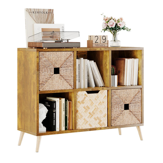 6 Cube Storage Organizer, Wood Bookcase with Legs, Modern Freestanding Cubby Shelving Unit, Book Shelf Toy Storage Cabinet for Bedroom, Living Room, Kids Room, Fits 11 Inch Bins, Rustic Brown